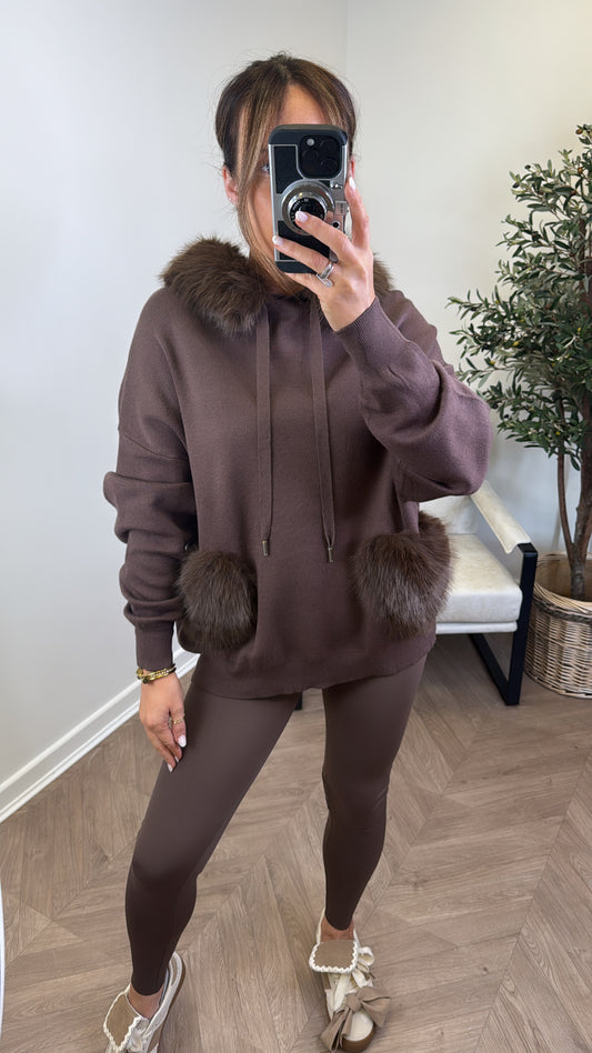 FELICITY brown faux fur trim hoody