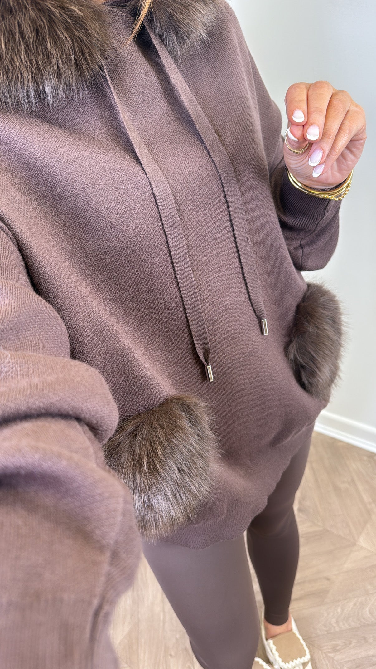 FELICITY brown faux fur trim hoody