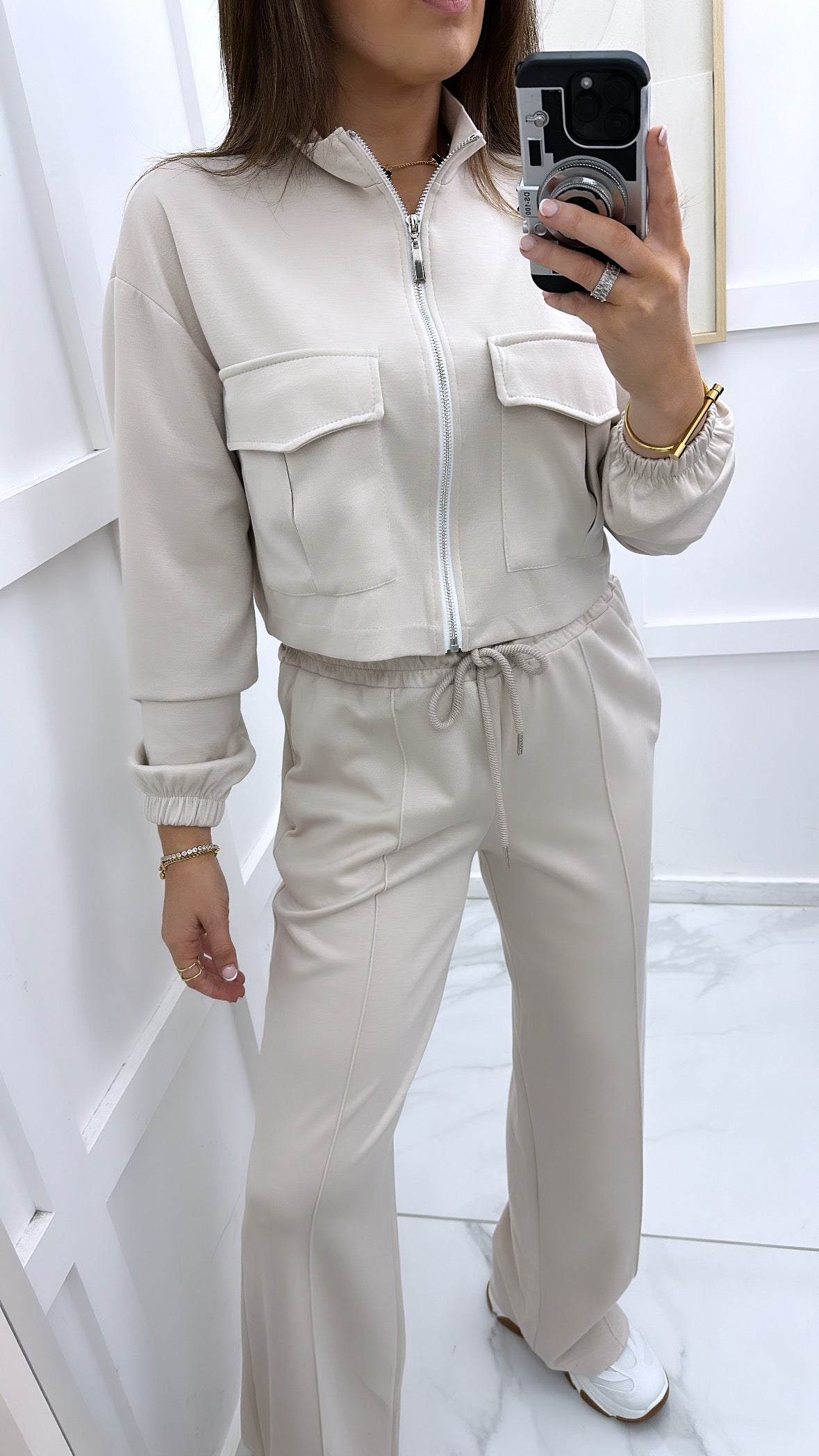 ISABELLA cream crop zip up jacket and joggers co-ord set