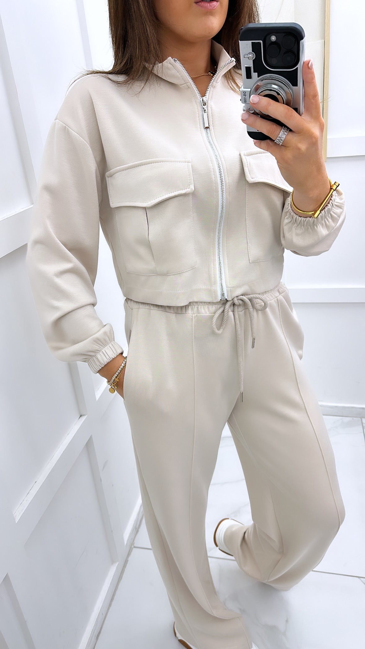 ISABELLA cream crop zip up jacket and joggers co-ord set