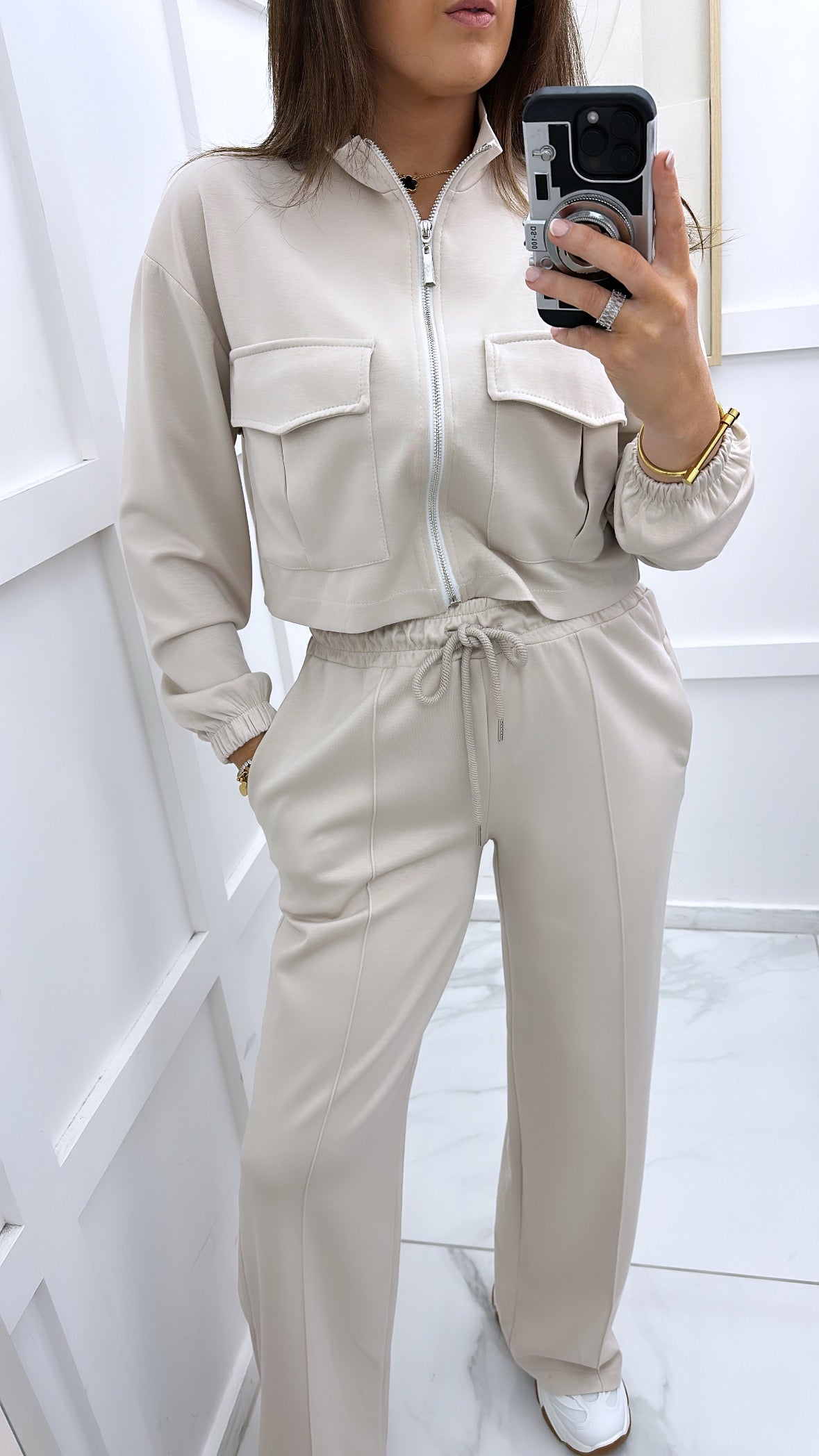 ISABELLA cream crop zip up jacket and joggers co-ord set