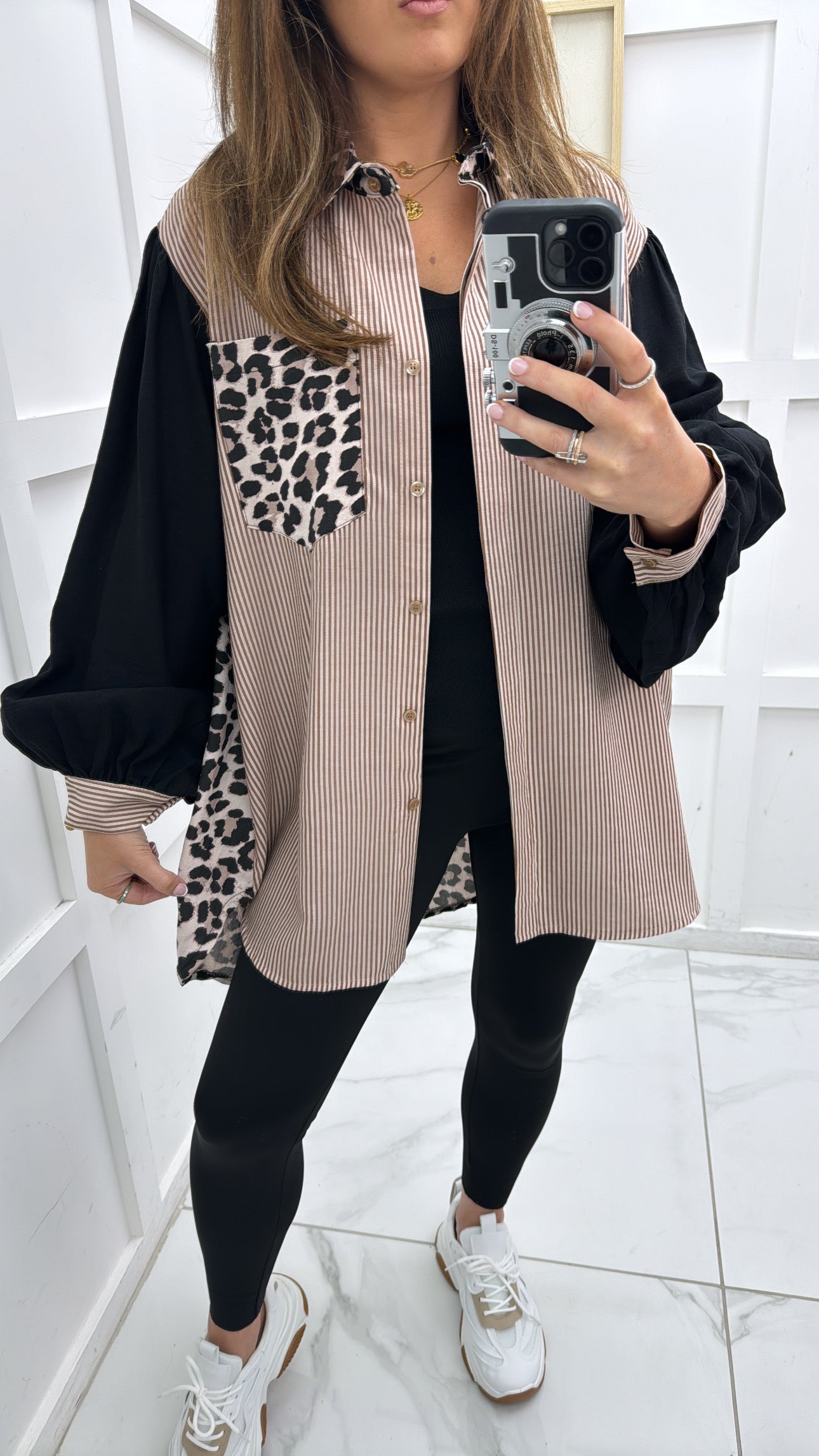 KEELEY beige stripe shirt with contrast leopard print