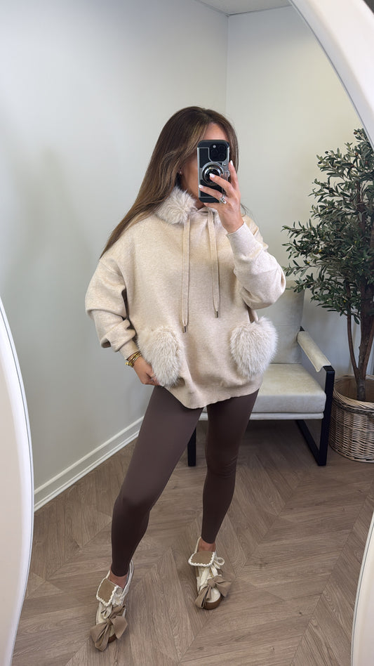FELICITY beige faux fur trim hoody