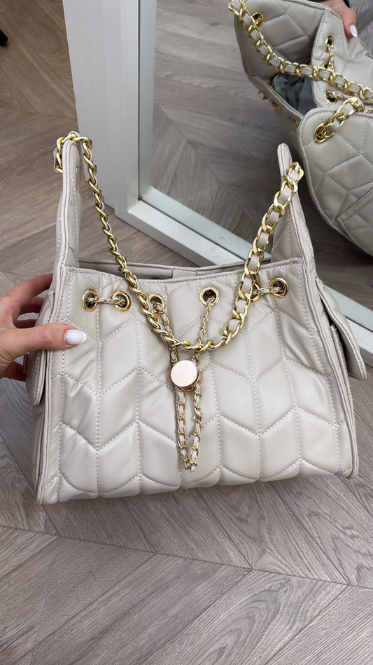 LILY beige faux leather shoulder bag with chain detail