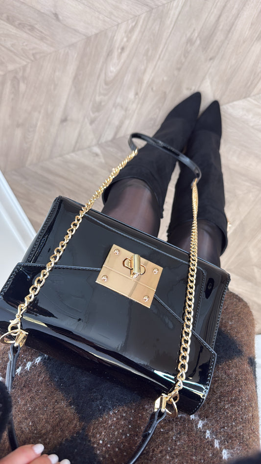 MARLA black patent box clutch with cross body chain