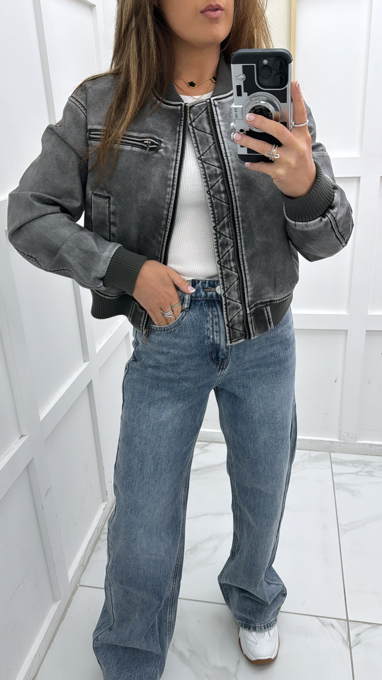 KYRA grey leather look bomber jacket