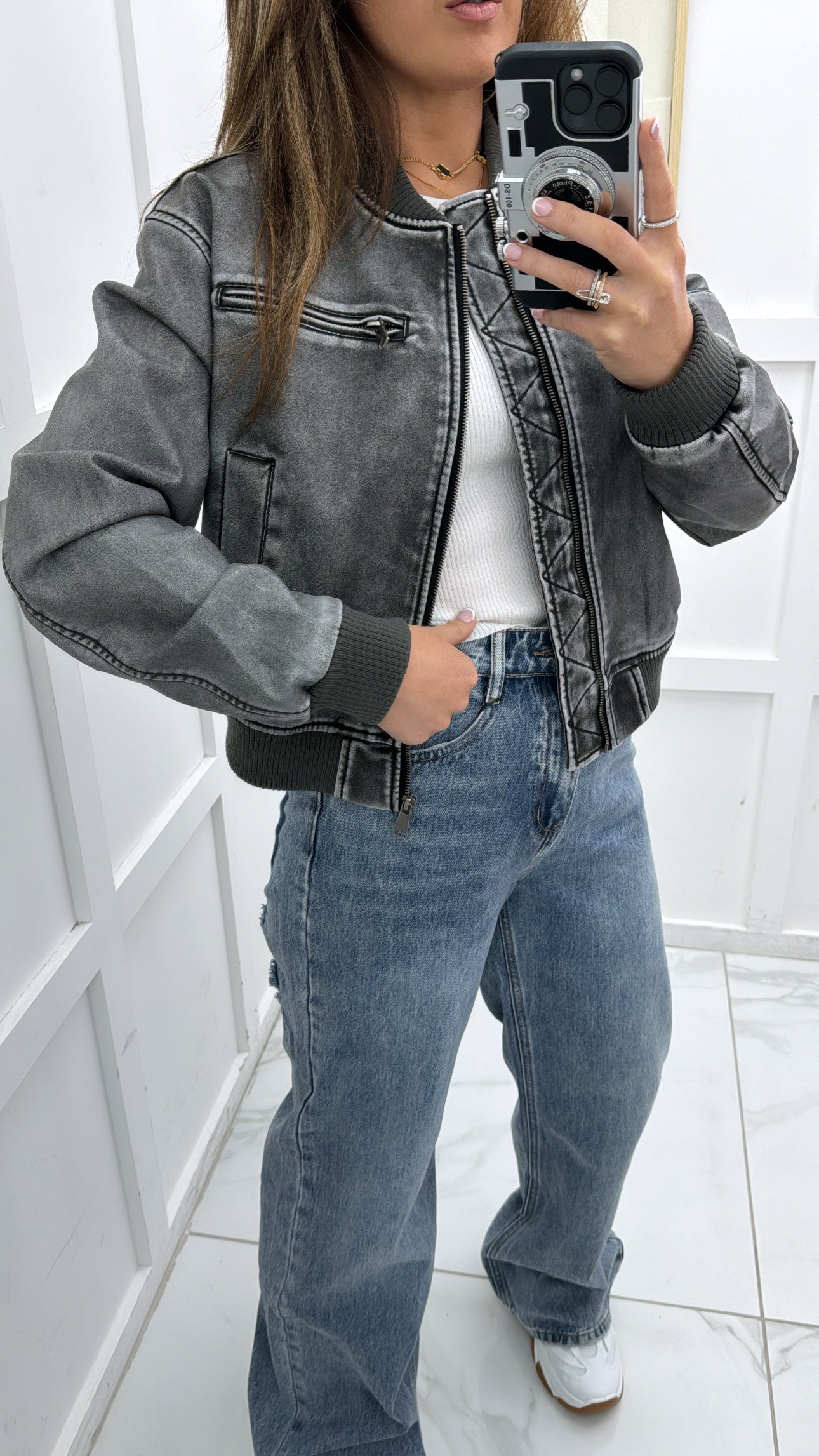 KYRA grey leather look bomber jacket