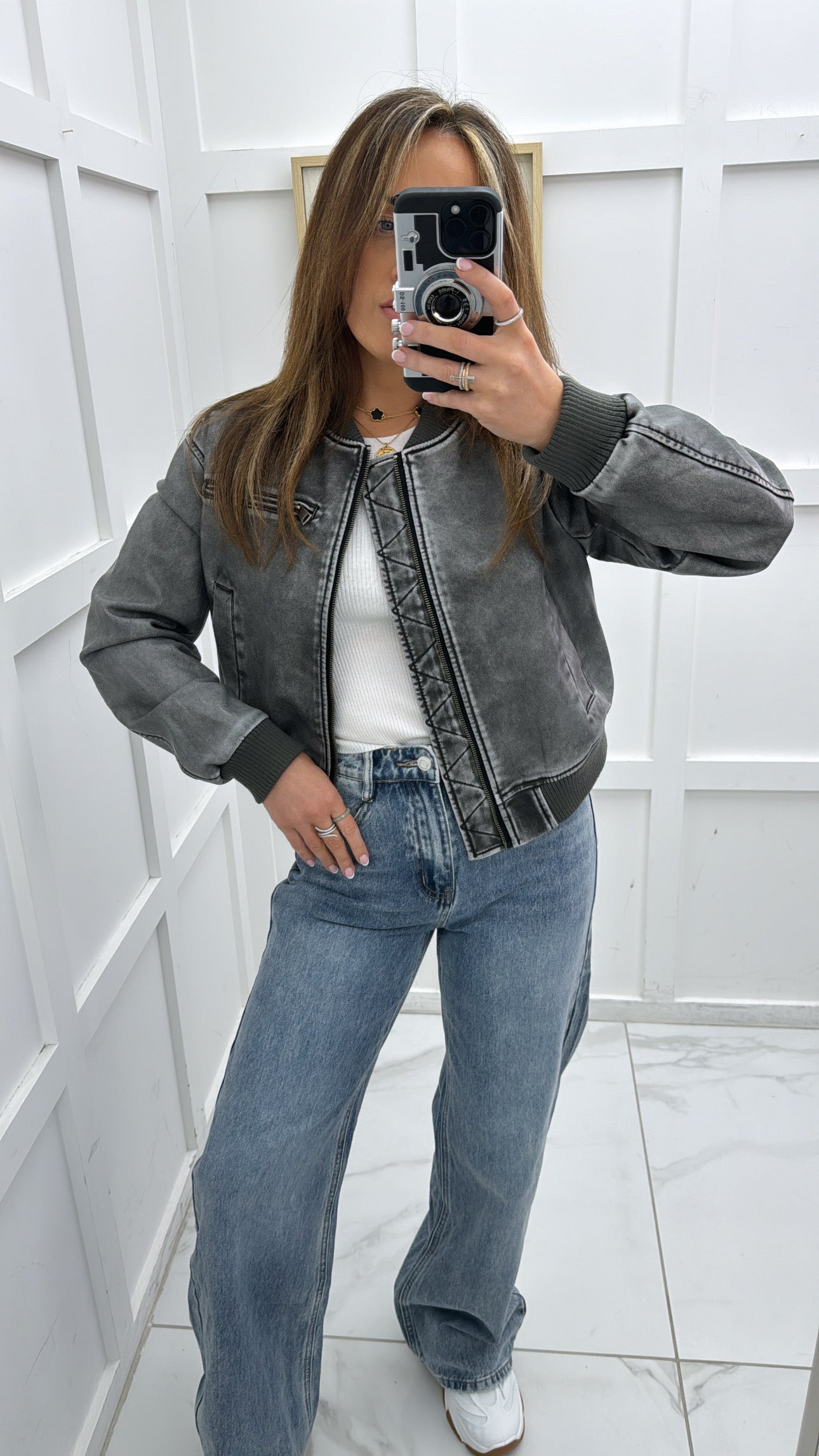 KYRA grey leather look bomber jacket