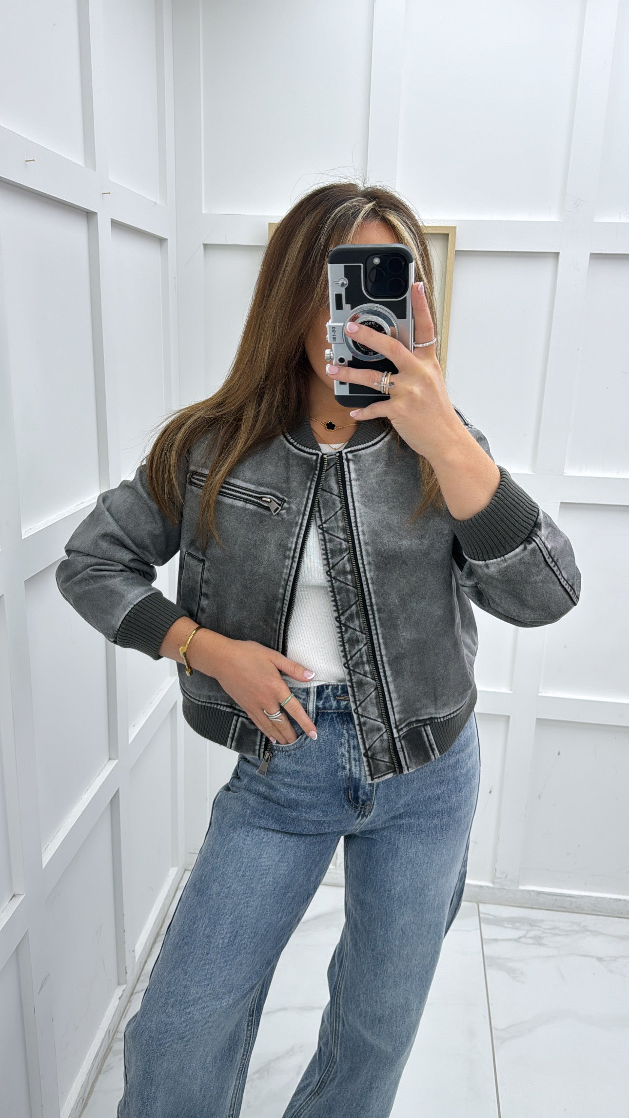 KYRA grey leather look bomber jacket