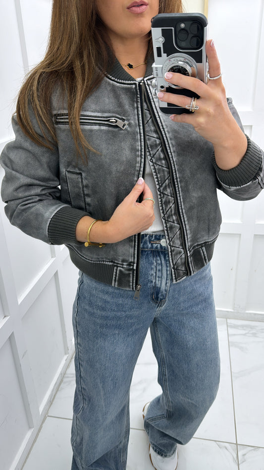 KYRA grey leather look bomber jacket