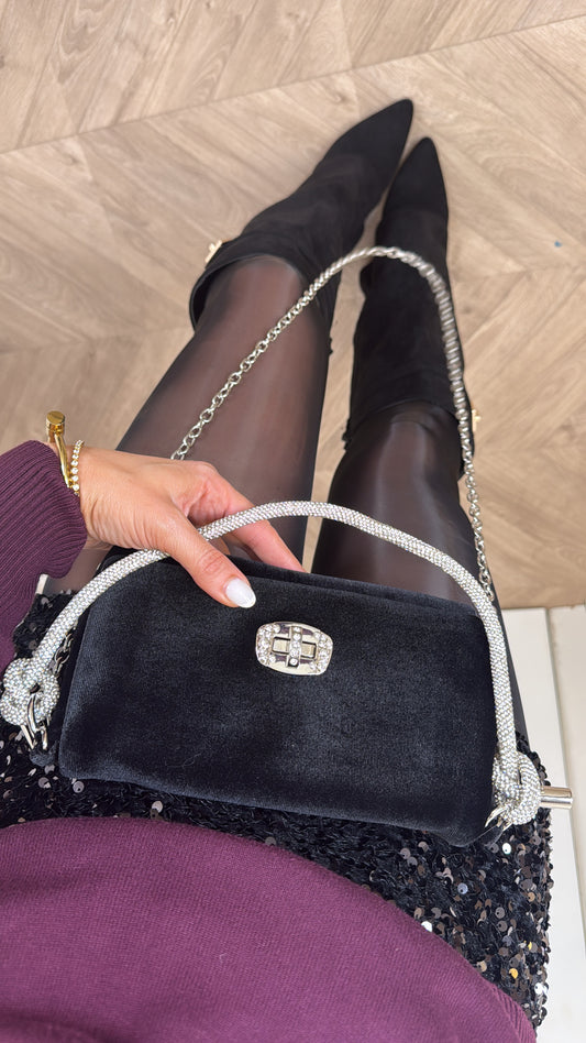 BREA black velvet shoulder bag with silver diamante detail