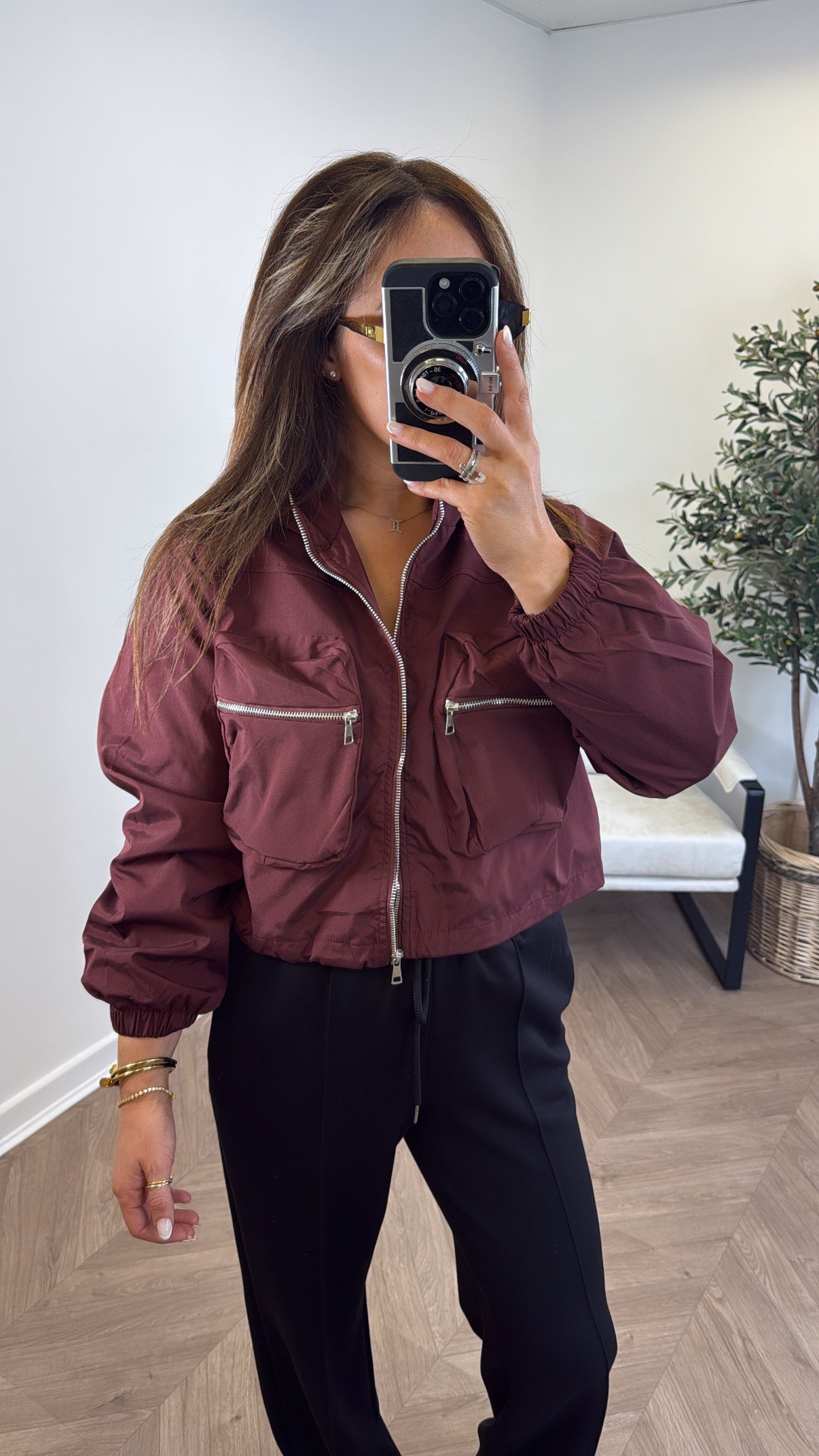 SARA burgundy zip detail bomber jacket