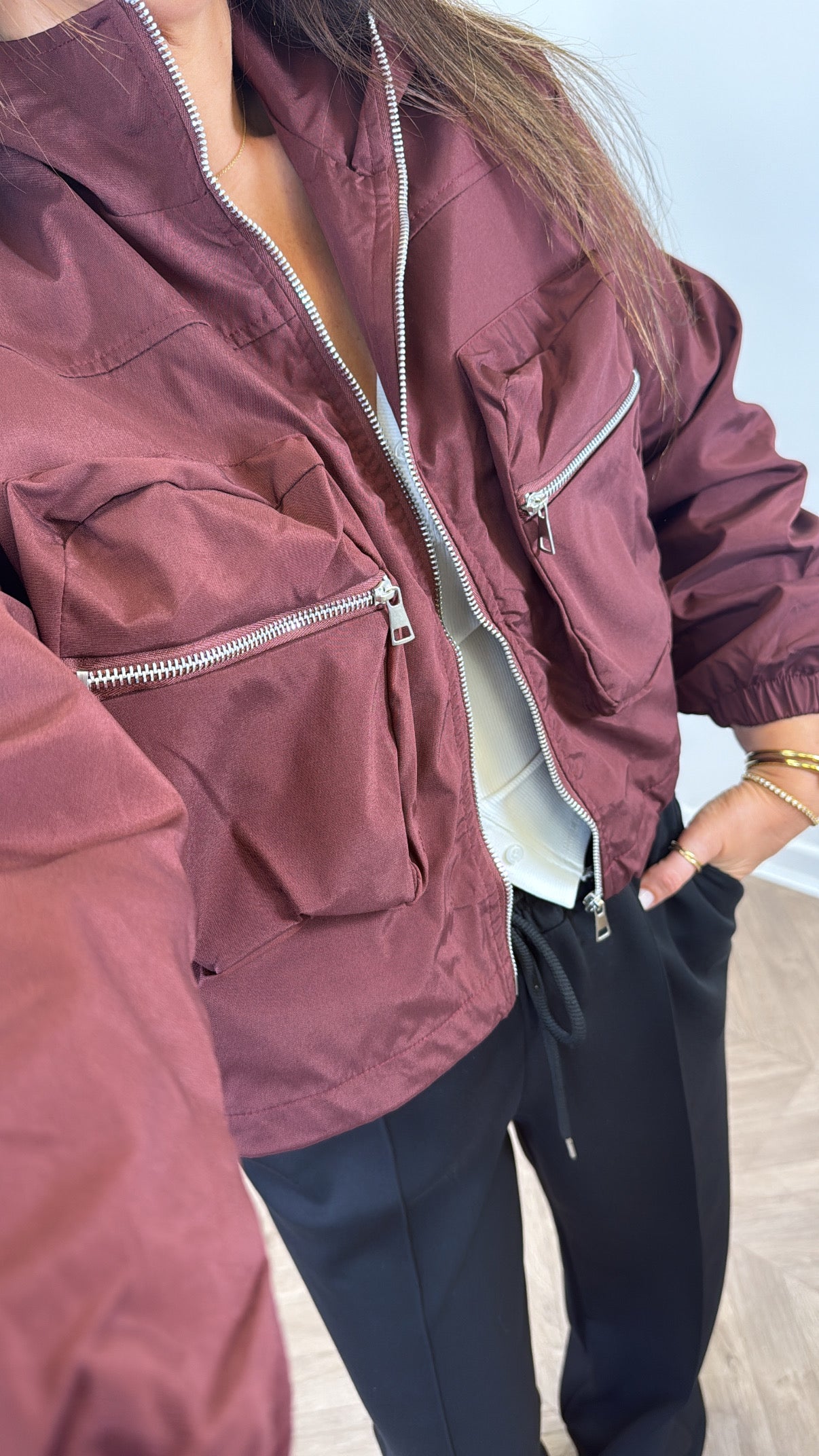 SARA burgundy zip detail bomber jacket