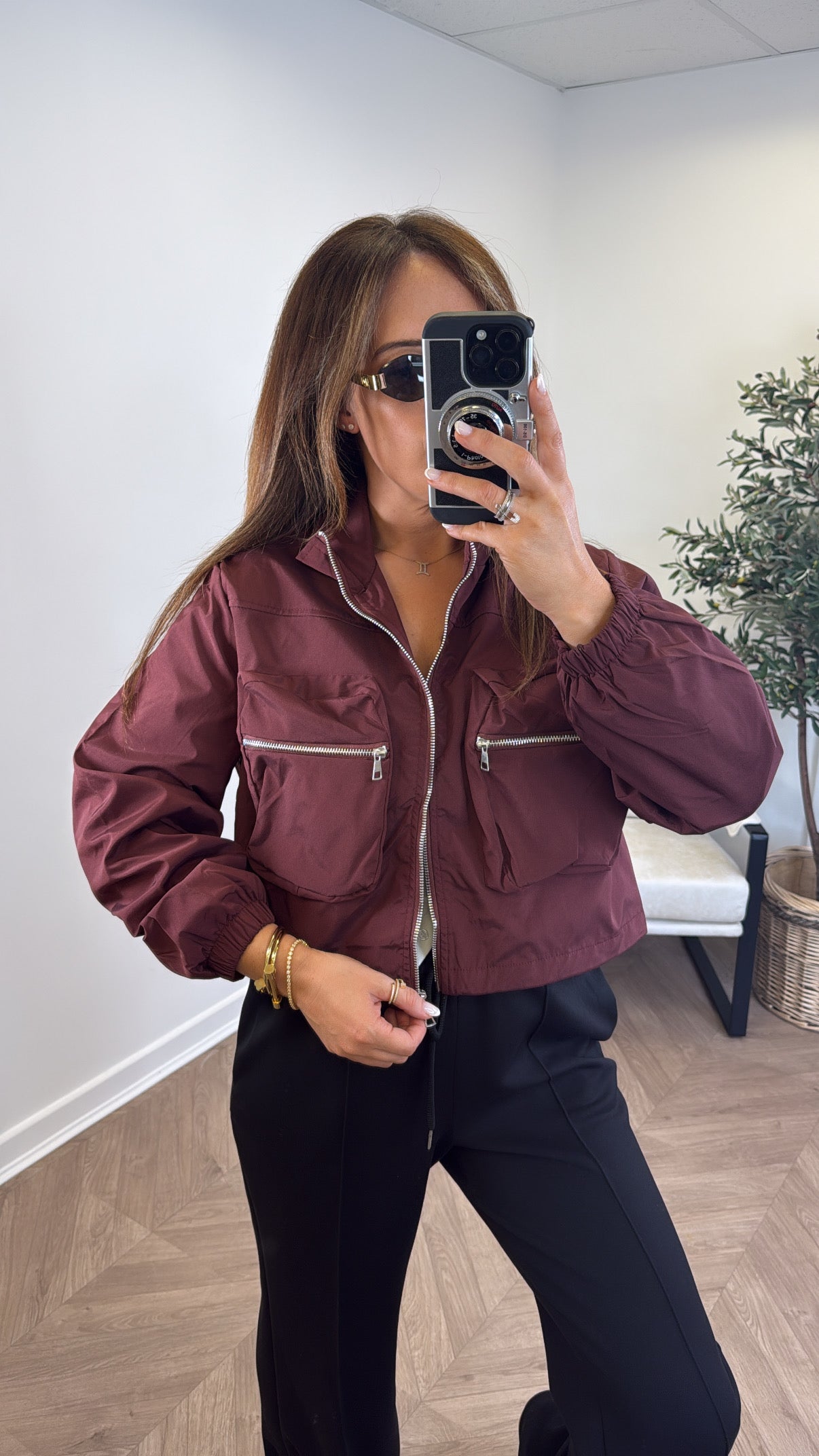 SARA burgundy zip detail bomber jacket