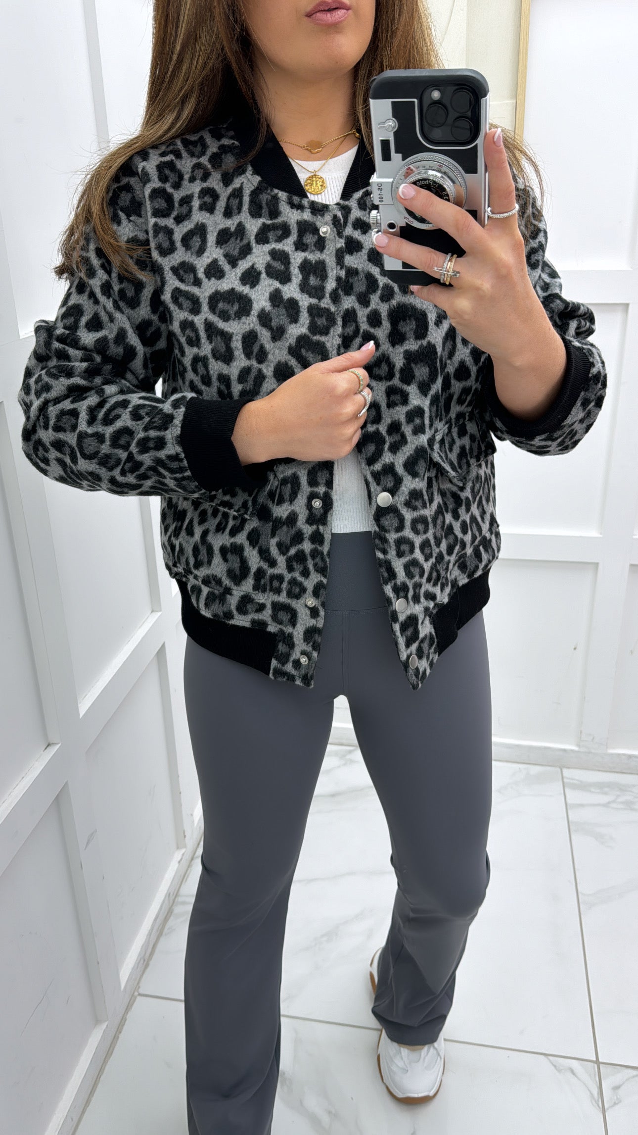 HARPER grey leopard print super soft bomber jacker