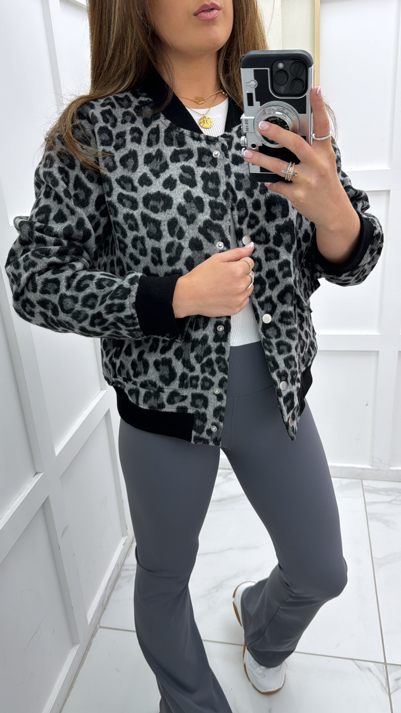 HARPER grey leopard print super soft bomber jacker