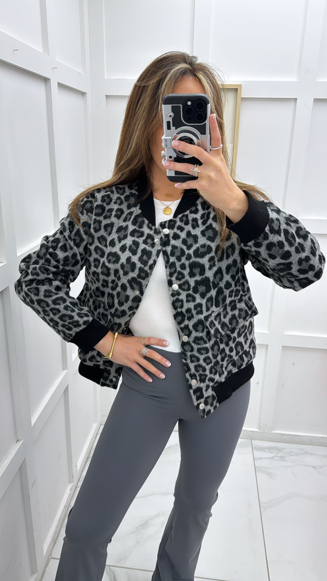 HARPER grey leopard print super soft bomber jacker