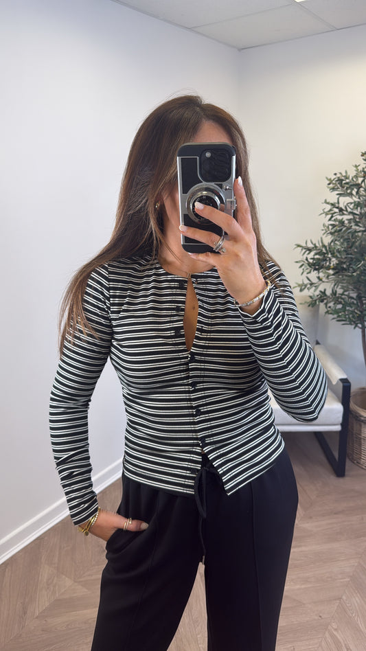 LUCIE black stripe half button up long sleeve top