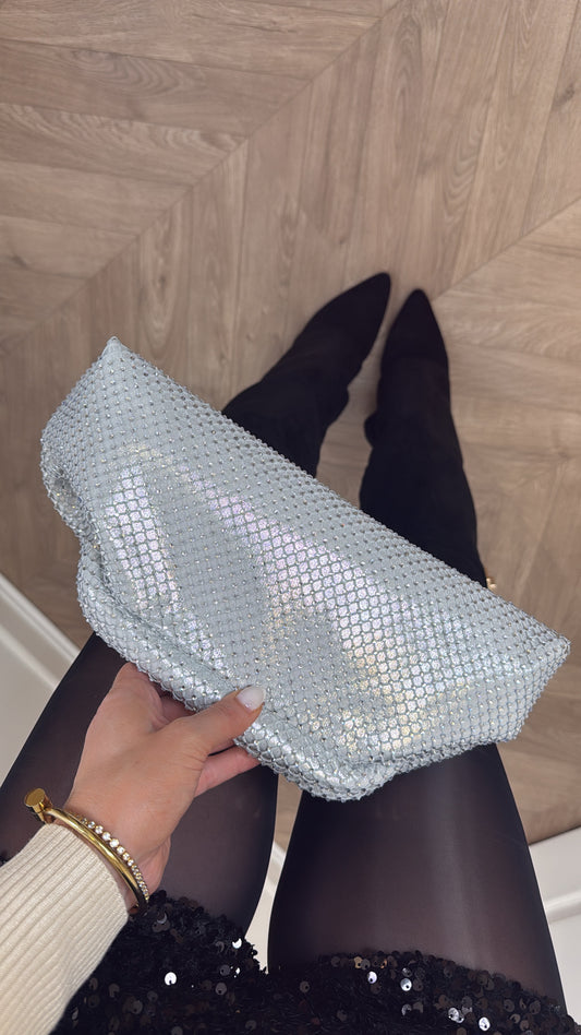ELSA silver diamante envelope clutch bag