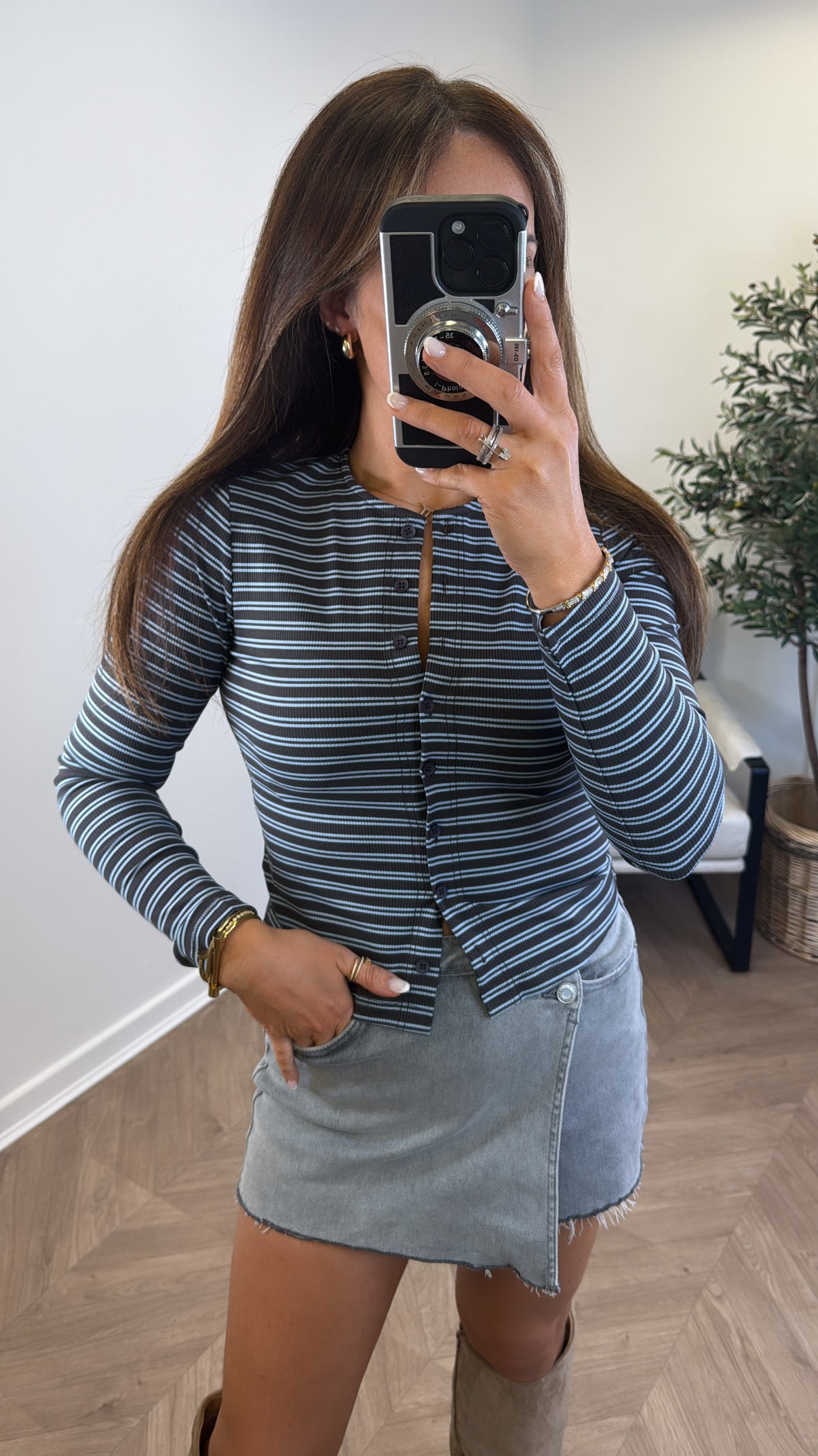 LUCIE grey stripe half button up long sleeve top