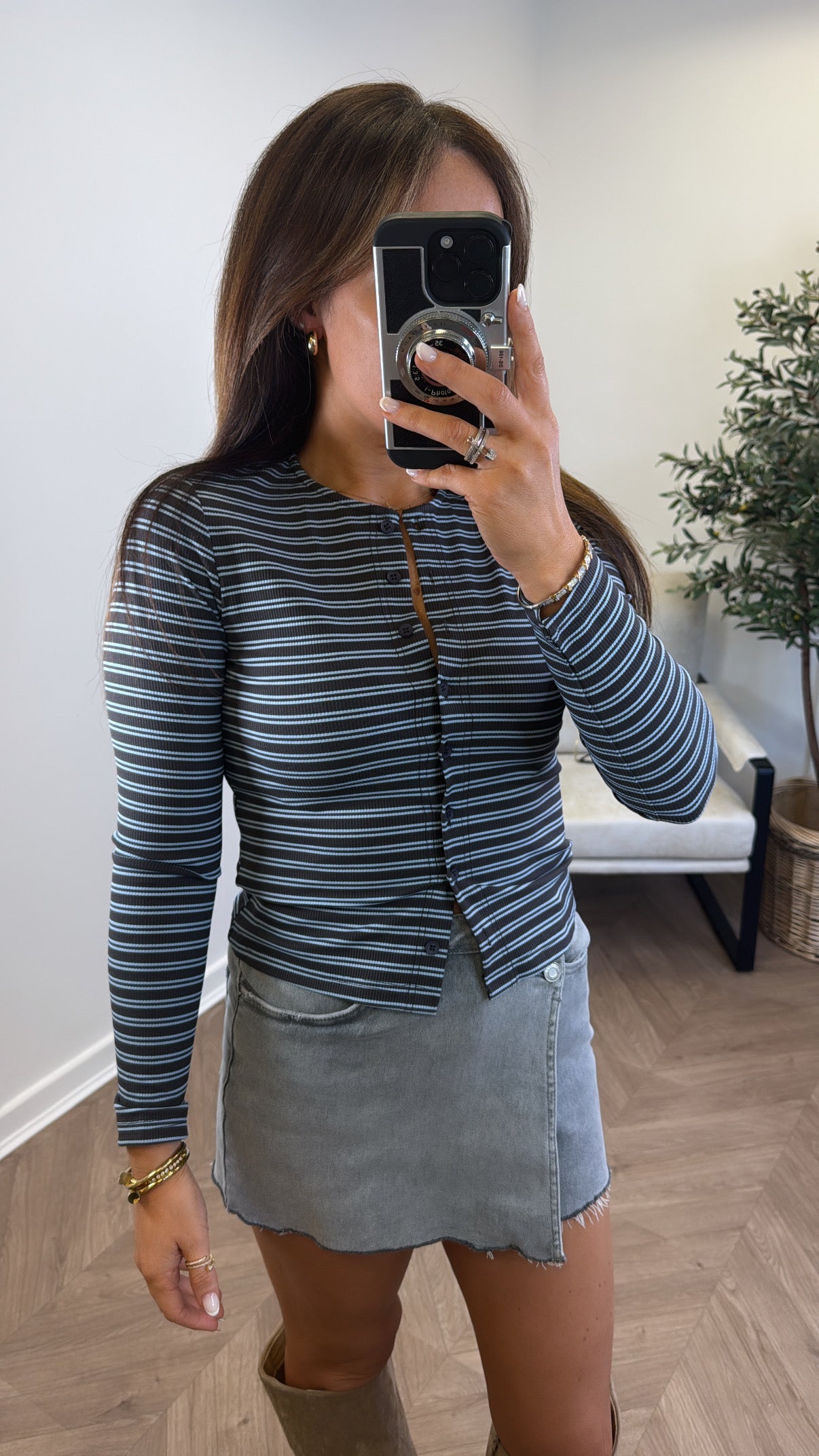 LUCIE grey stripe half button up long sleeve top