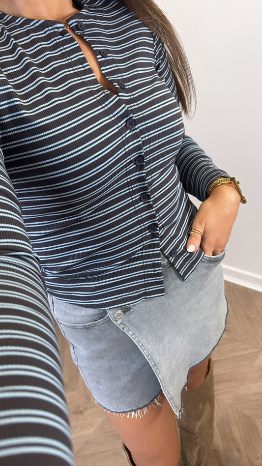 LUCIE grey stripe half button up long sleeve top