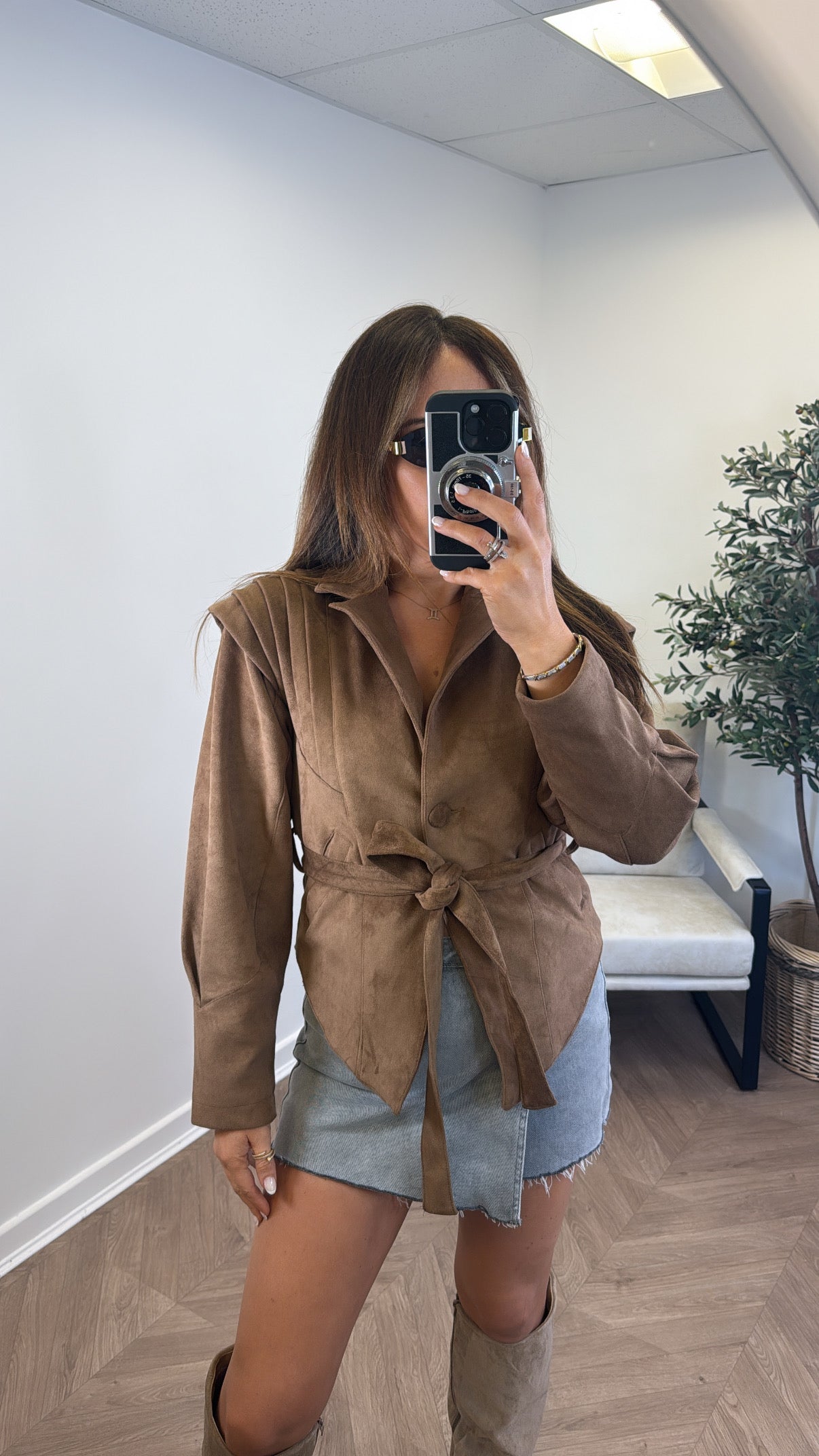 CORINA camel suede belted jacket