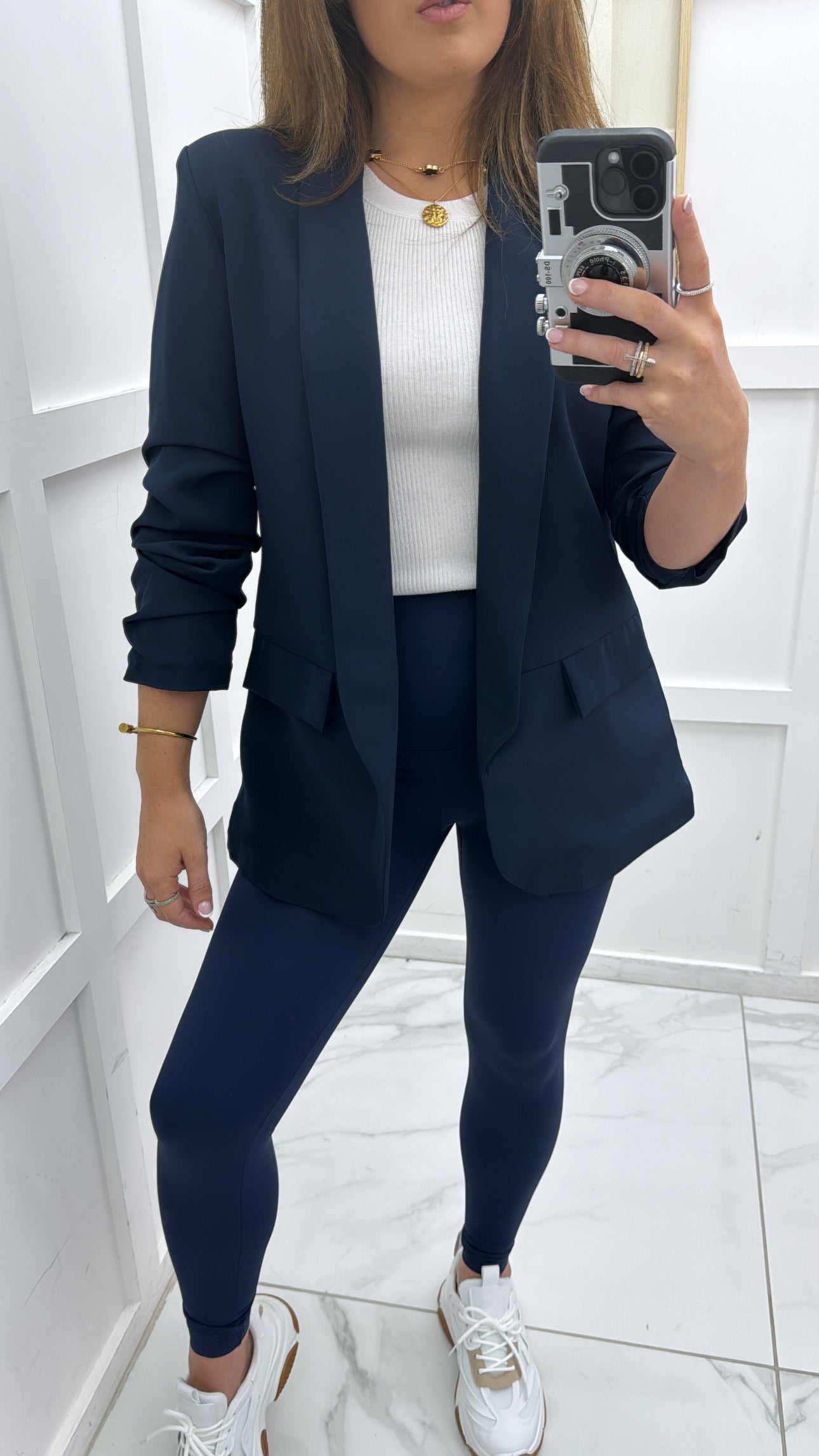 LOUISA navy ruched sleeve blazer