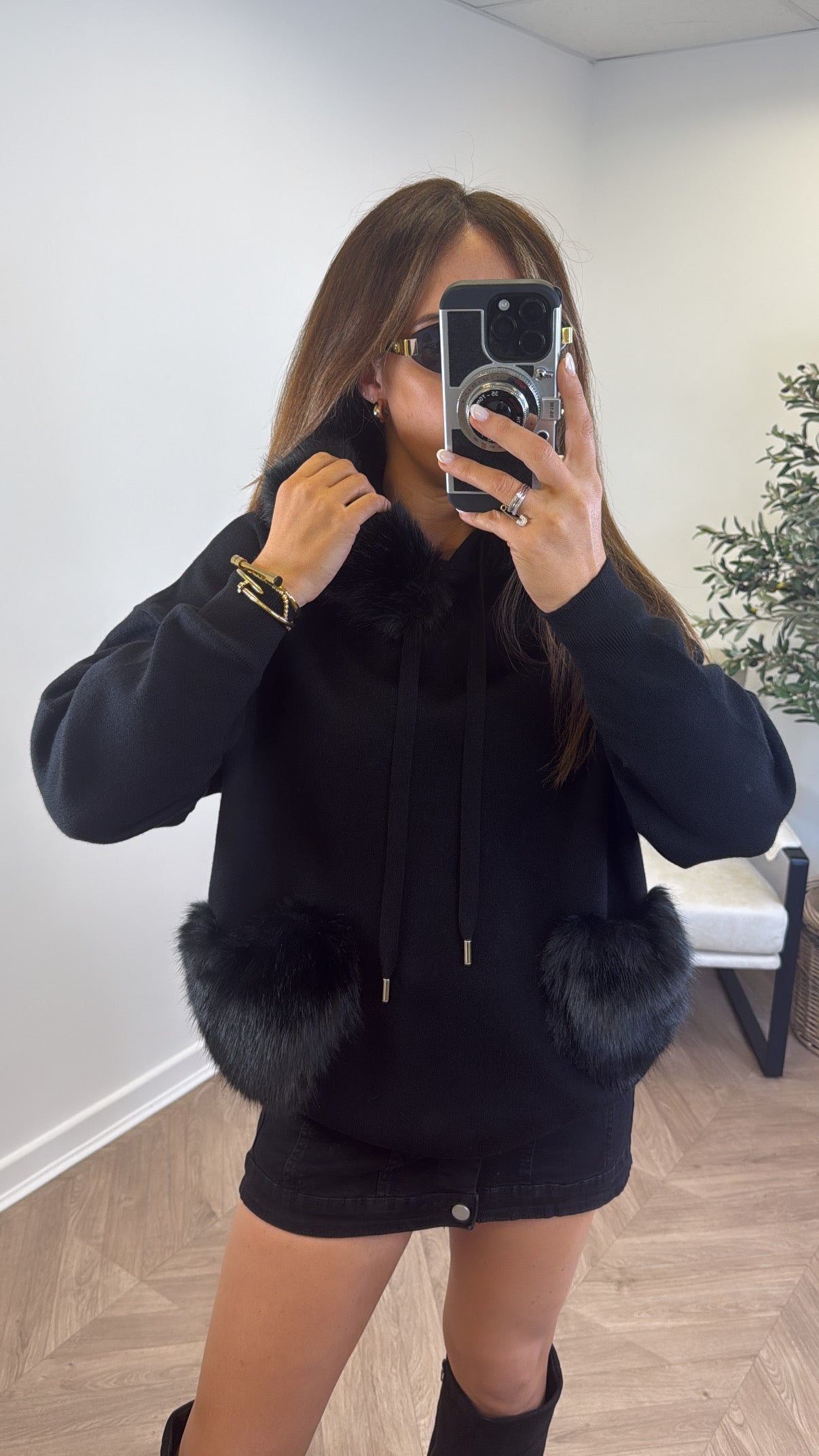 FELICITY black faux fur trim hoody