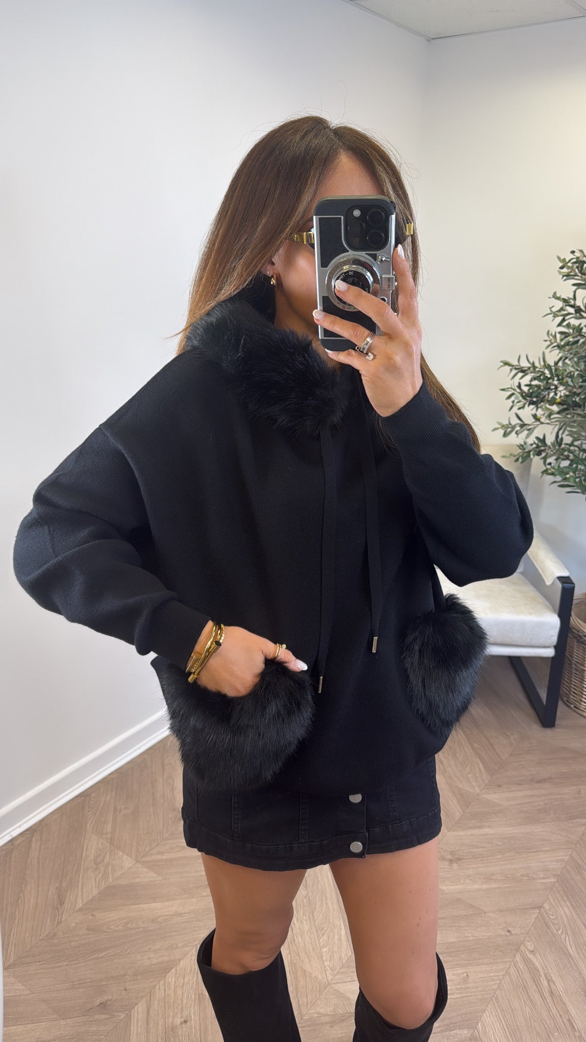 FELICITY black faux fur trim hoody