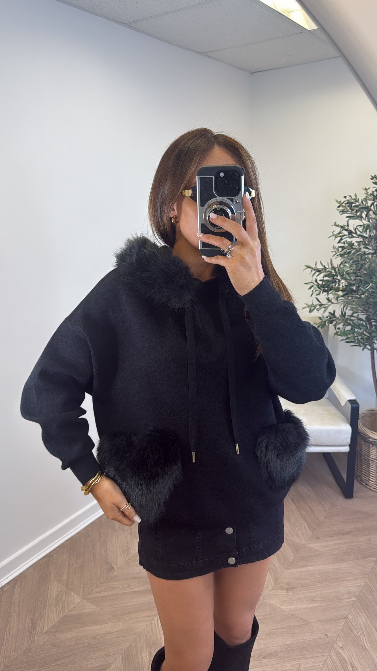 FELICITY black faux fur trim hoody