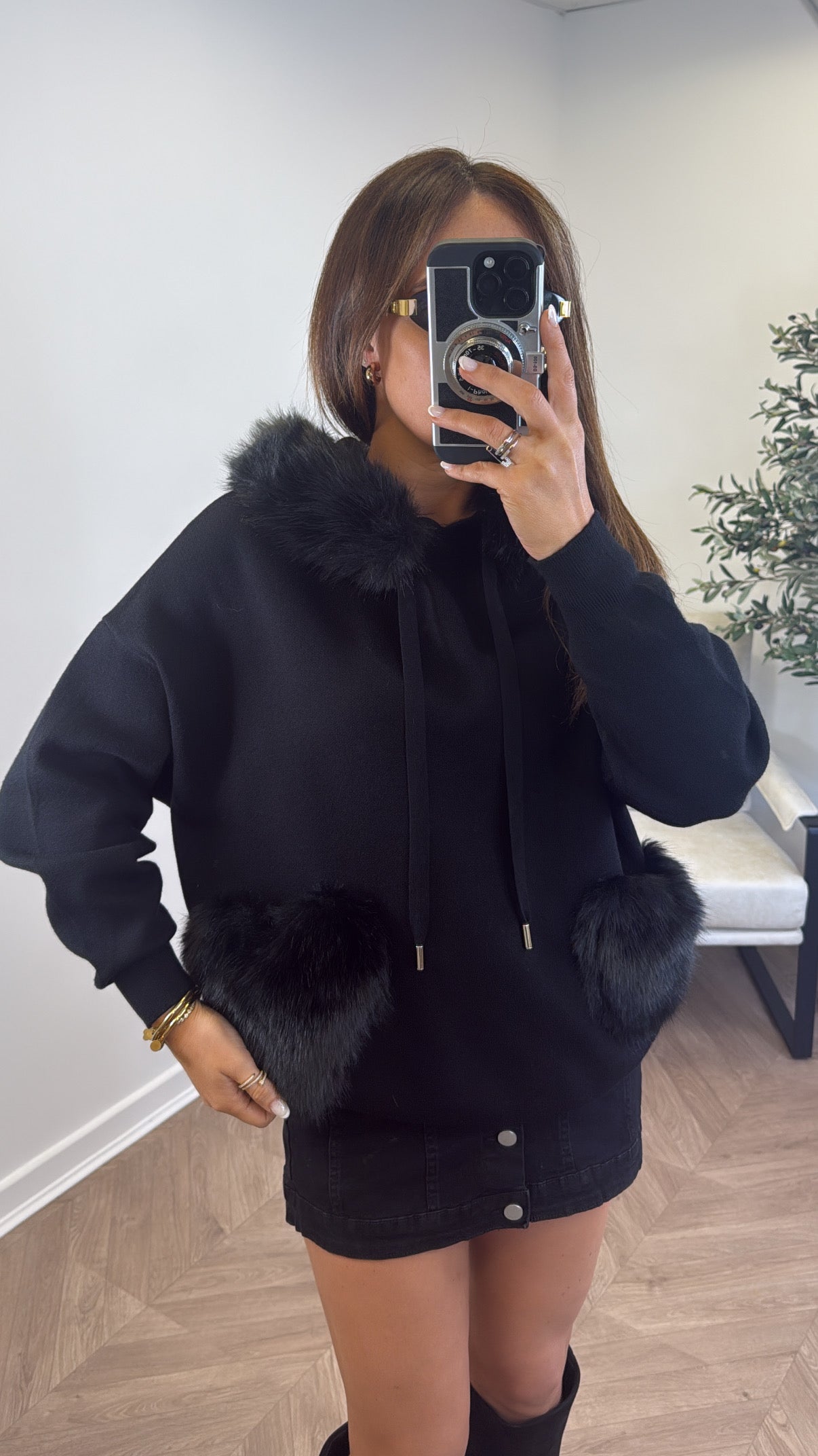FELICITY black faux fur trim hoody
