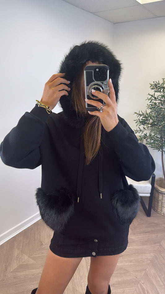 FELICITY black faux fur trim hoody
