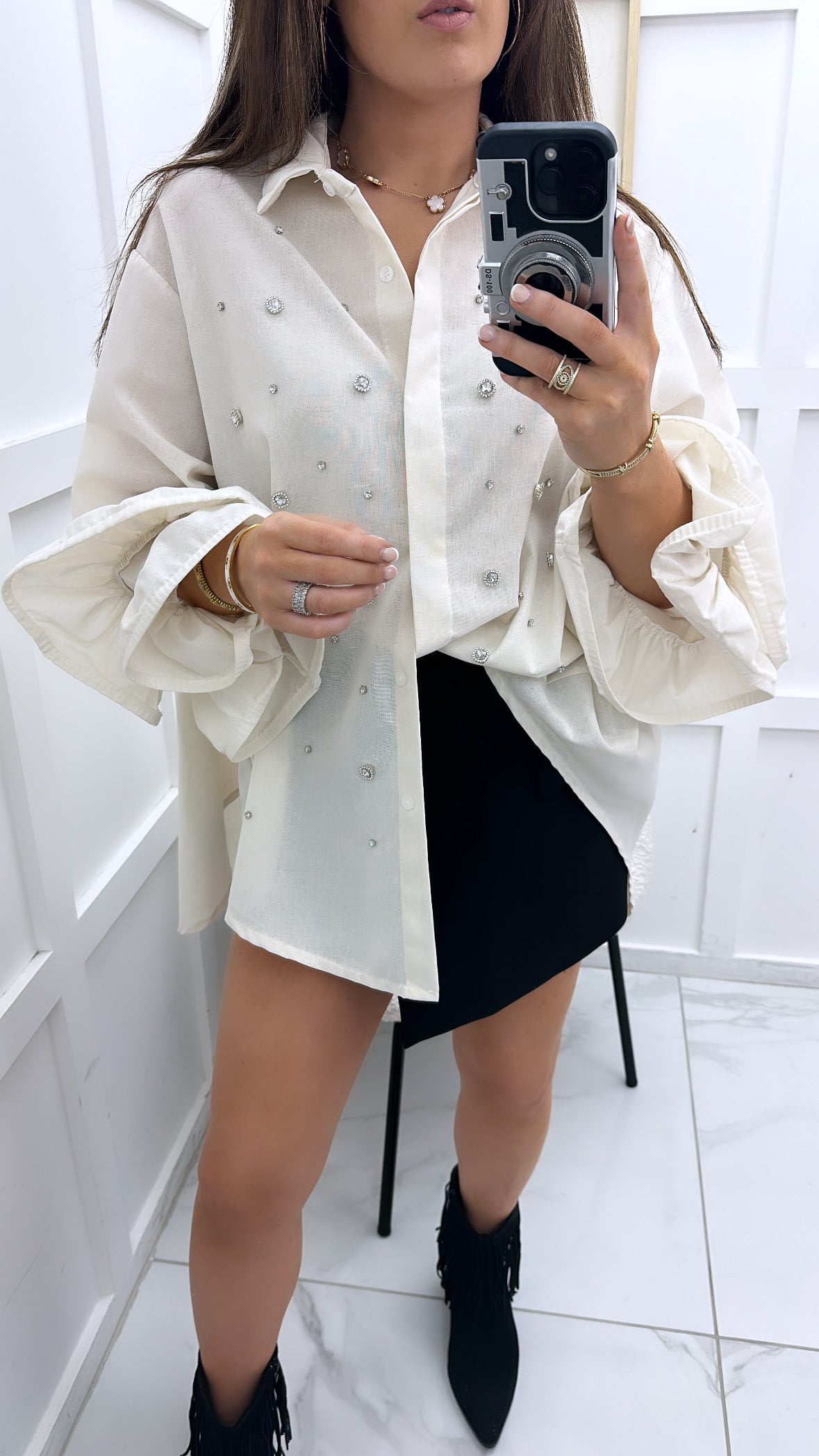 SOFIA cream jewel embellished dip hem shirt with extreme sleeve