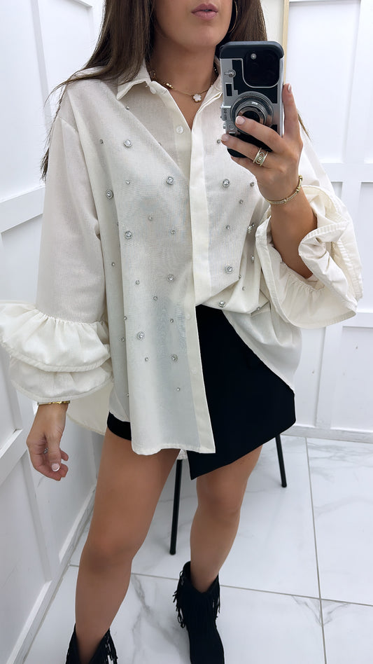 SOFIA cream jewel embellished dip hem shirt with extreme sleeve