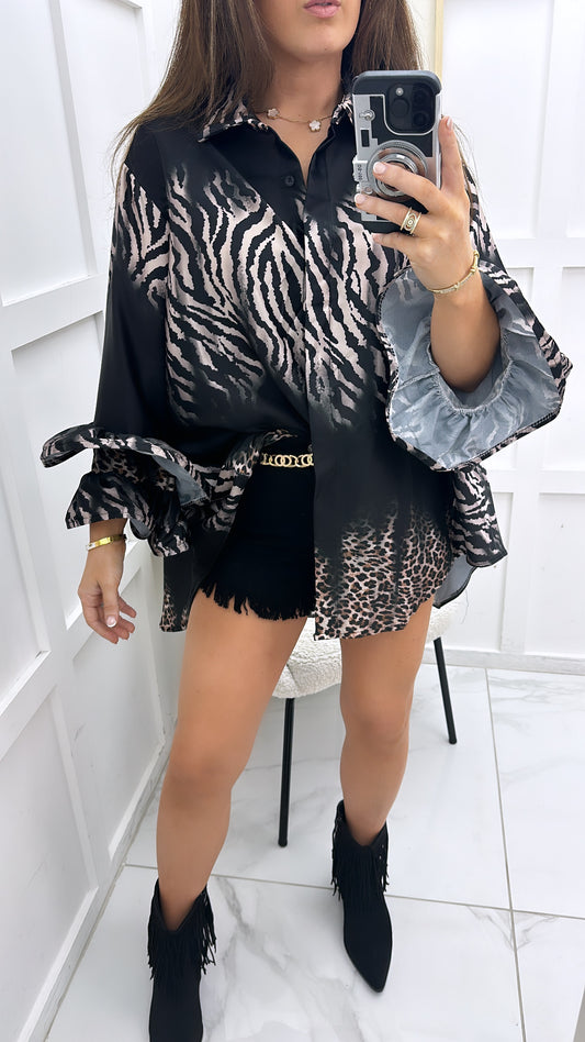 NICOLE black zebra and leopard print satin shirt with frill sleeves