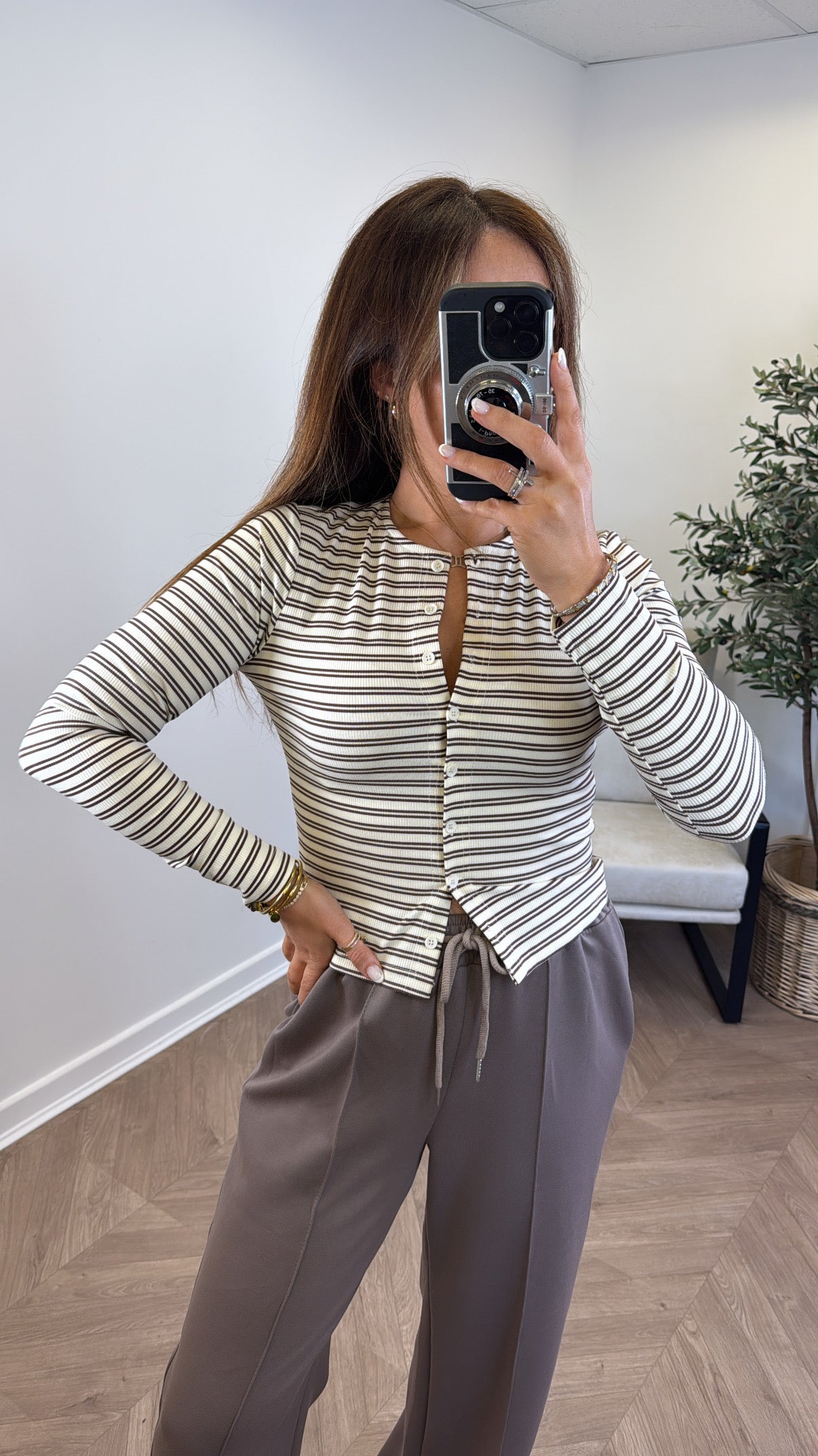 LUCIE cream stripe half button up long sleeve top