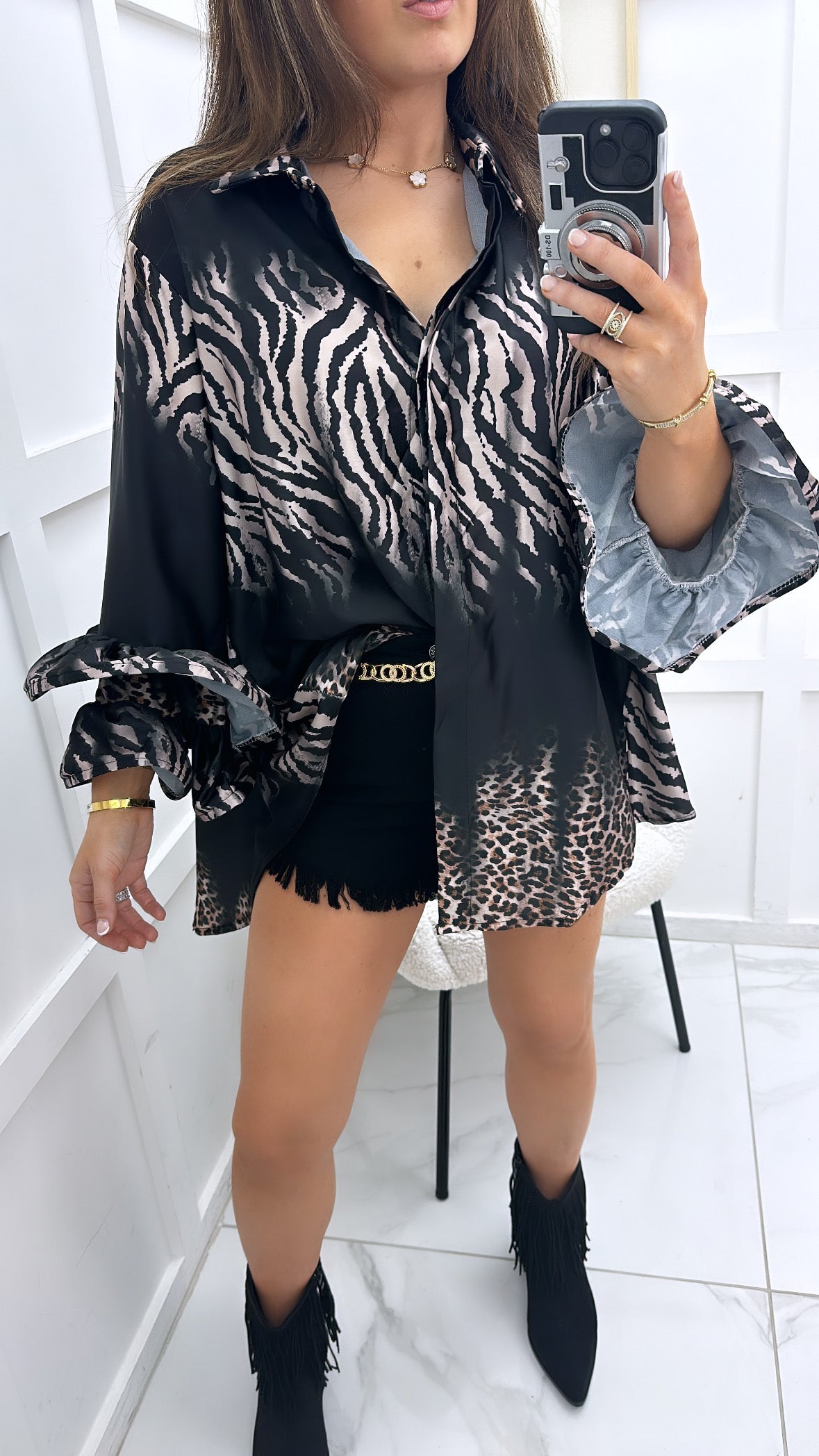 NICOLE black zebra and leopard print satin shirt with frill sleeves