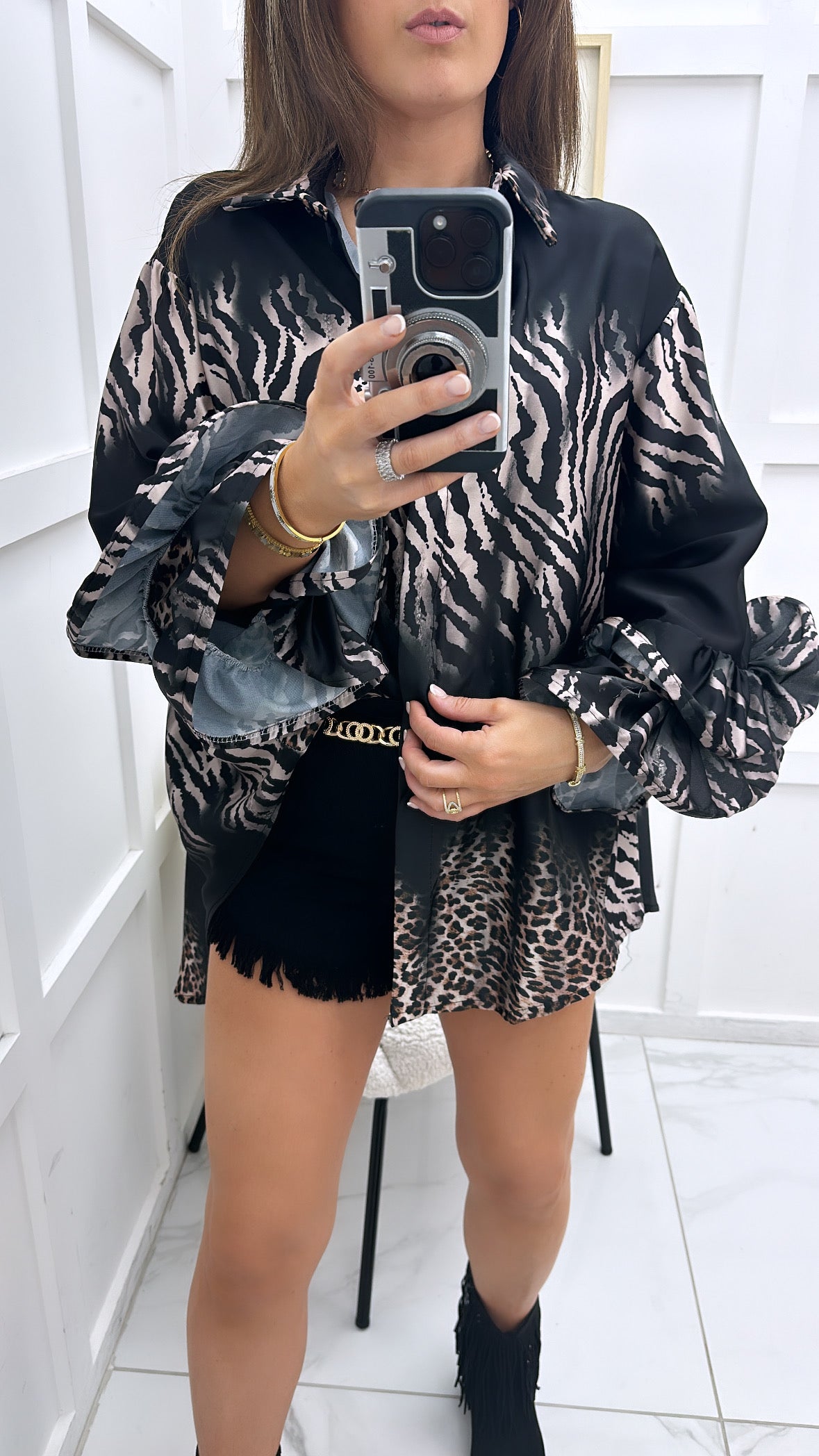 NICOLE black zebra and leopard print satin shirt with frill sleeves