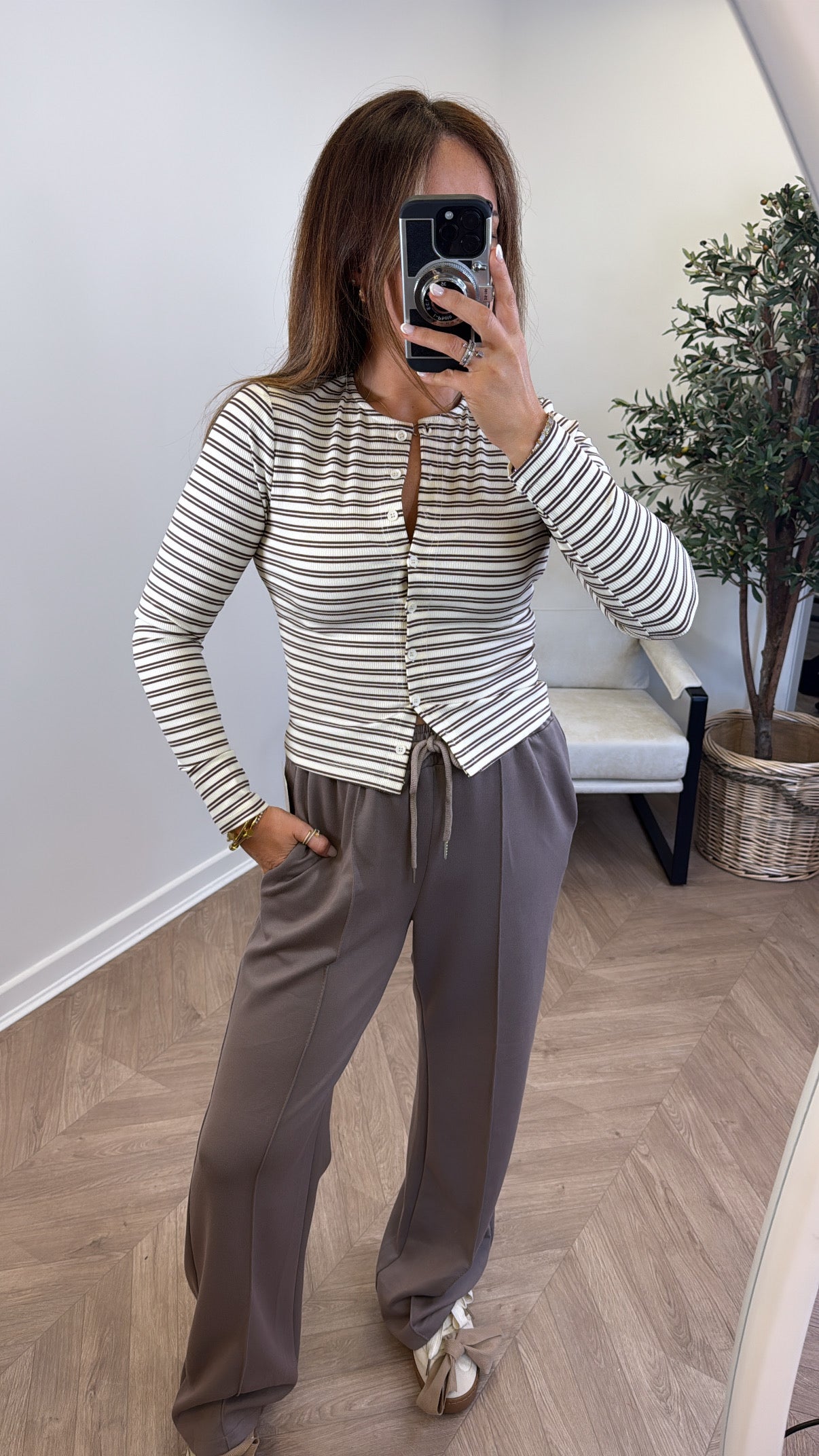 LUCIE cream stripe half button up long sleeve top