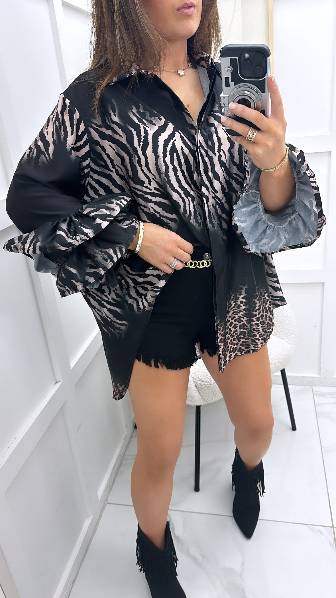 NICOLE black zebra and leopard print satin shirt with frill sleeves