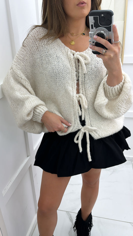 POLLY cream soft knit tie up cardigan