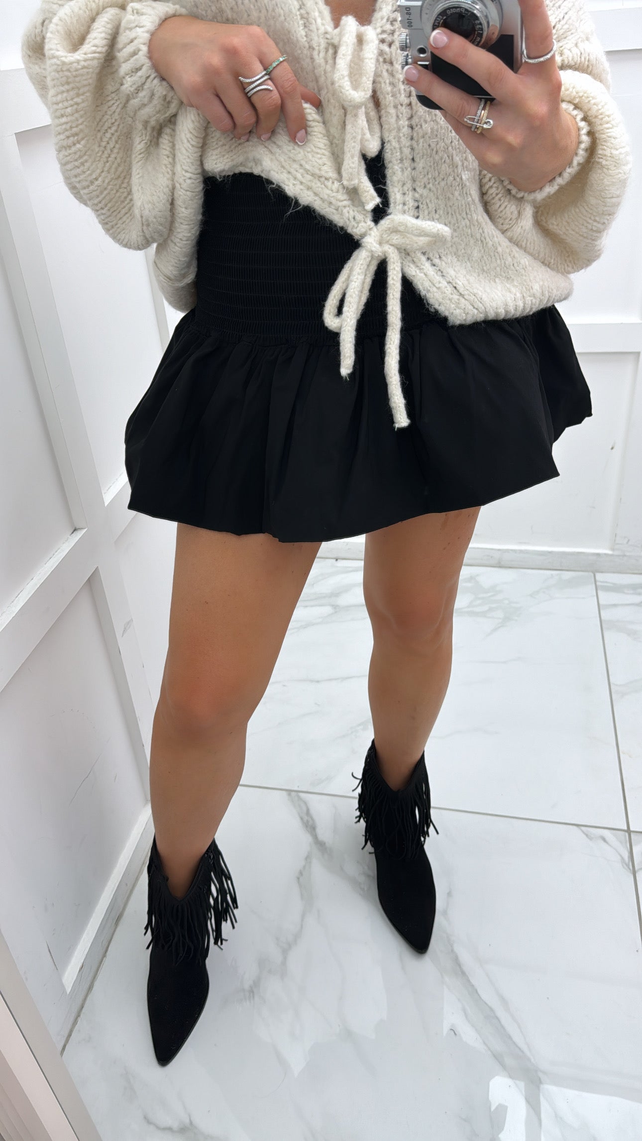 FREYA black puffball mini skirt with shirred waist