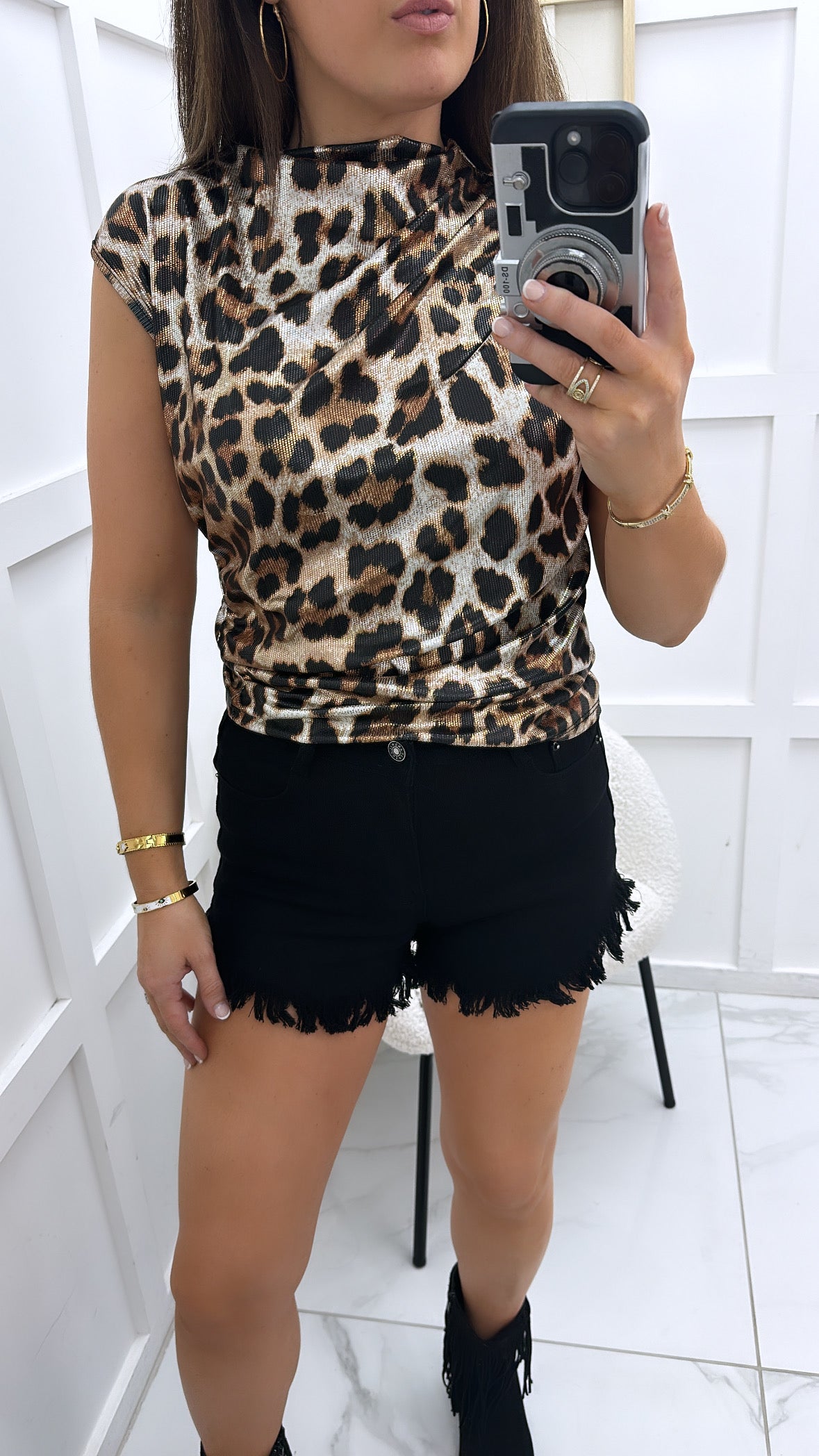 YASMINE leopard print metallic sleeveless top