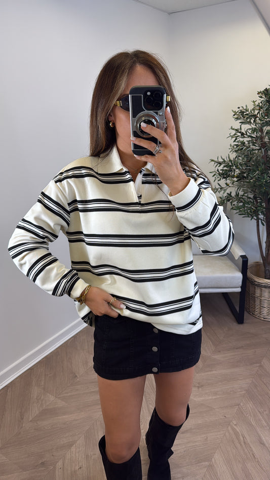 LOLA cream and black stripe long sleeve polo top
