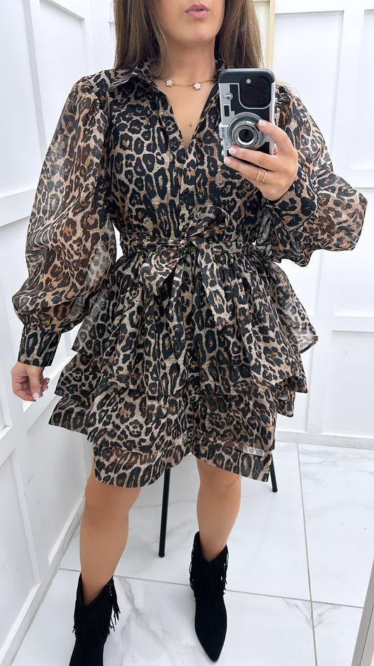 CARMELLA brown leopard print ruffle shirt dress