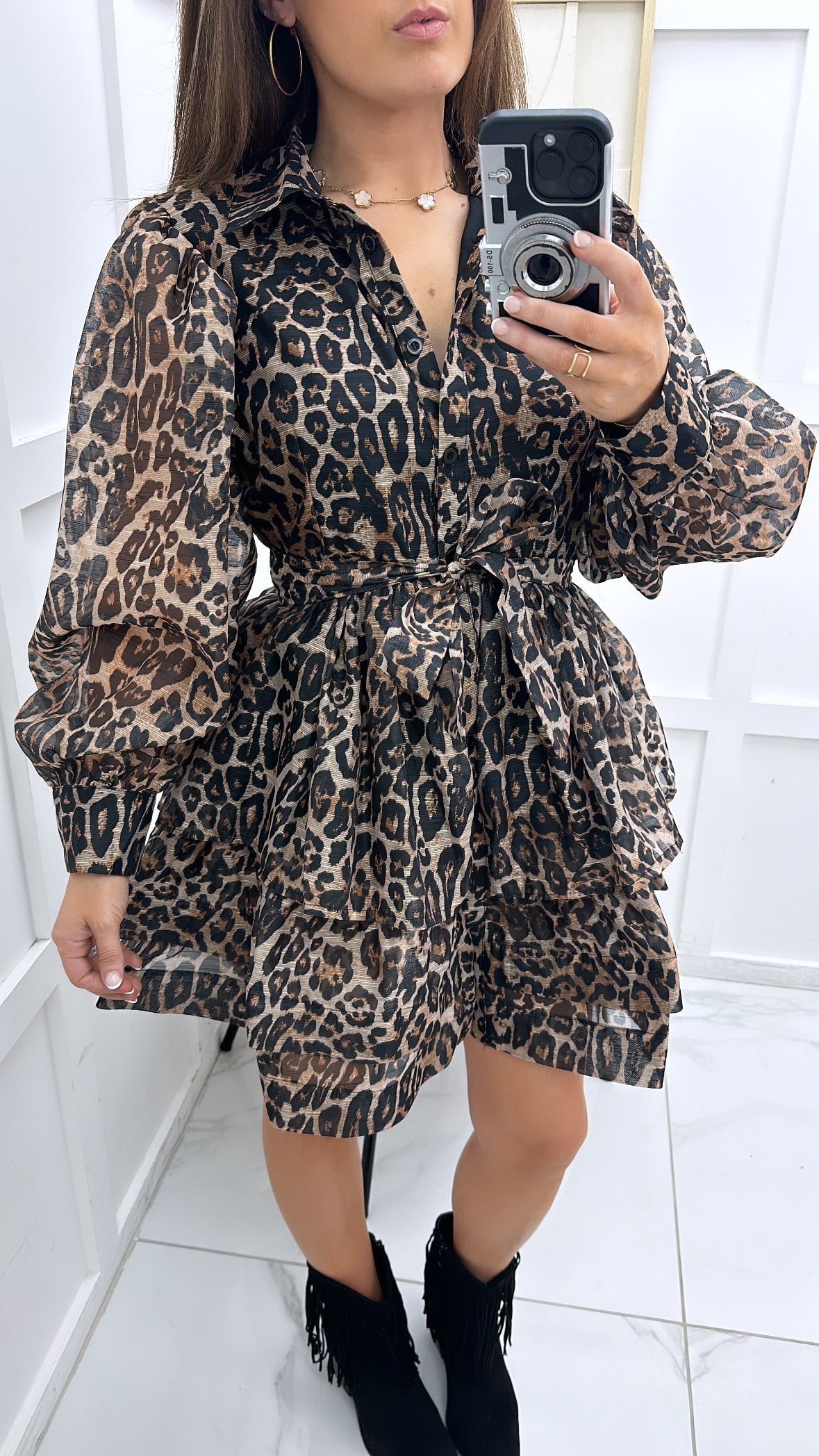 CARMELLA brown leopard print ruffle shirt dress