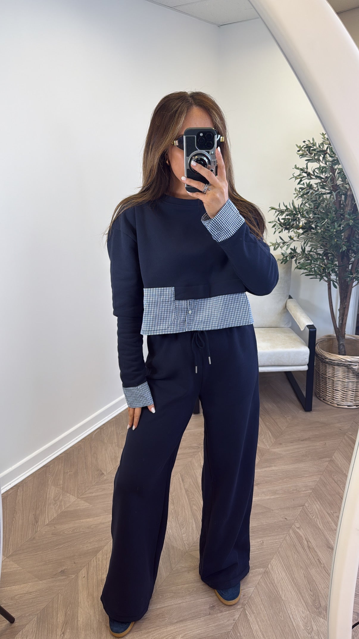 ELLA navy check detail top and trousers tracksuit