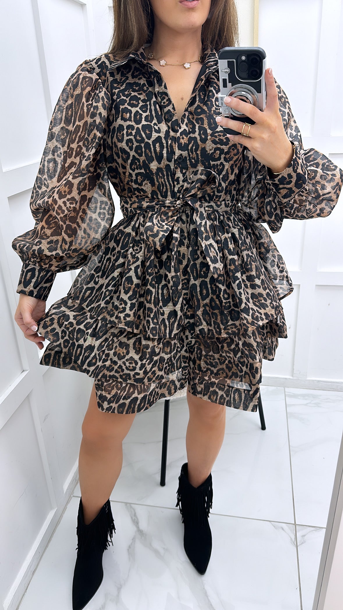 CARMELLA brown leopard print ruffle shirt dress