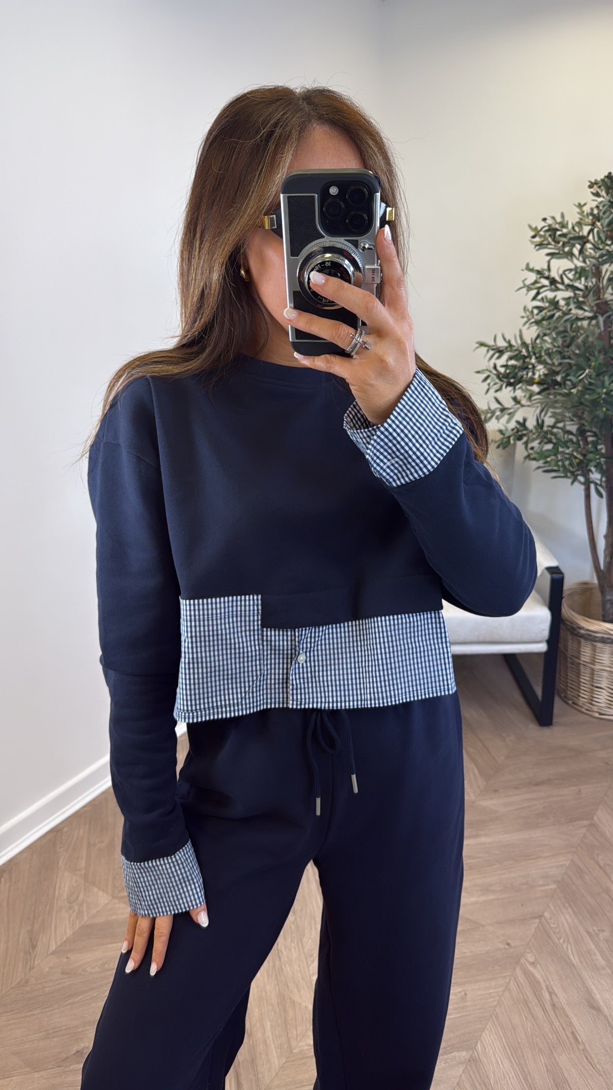 ELLA navy check detail top and trousers tracksuit